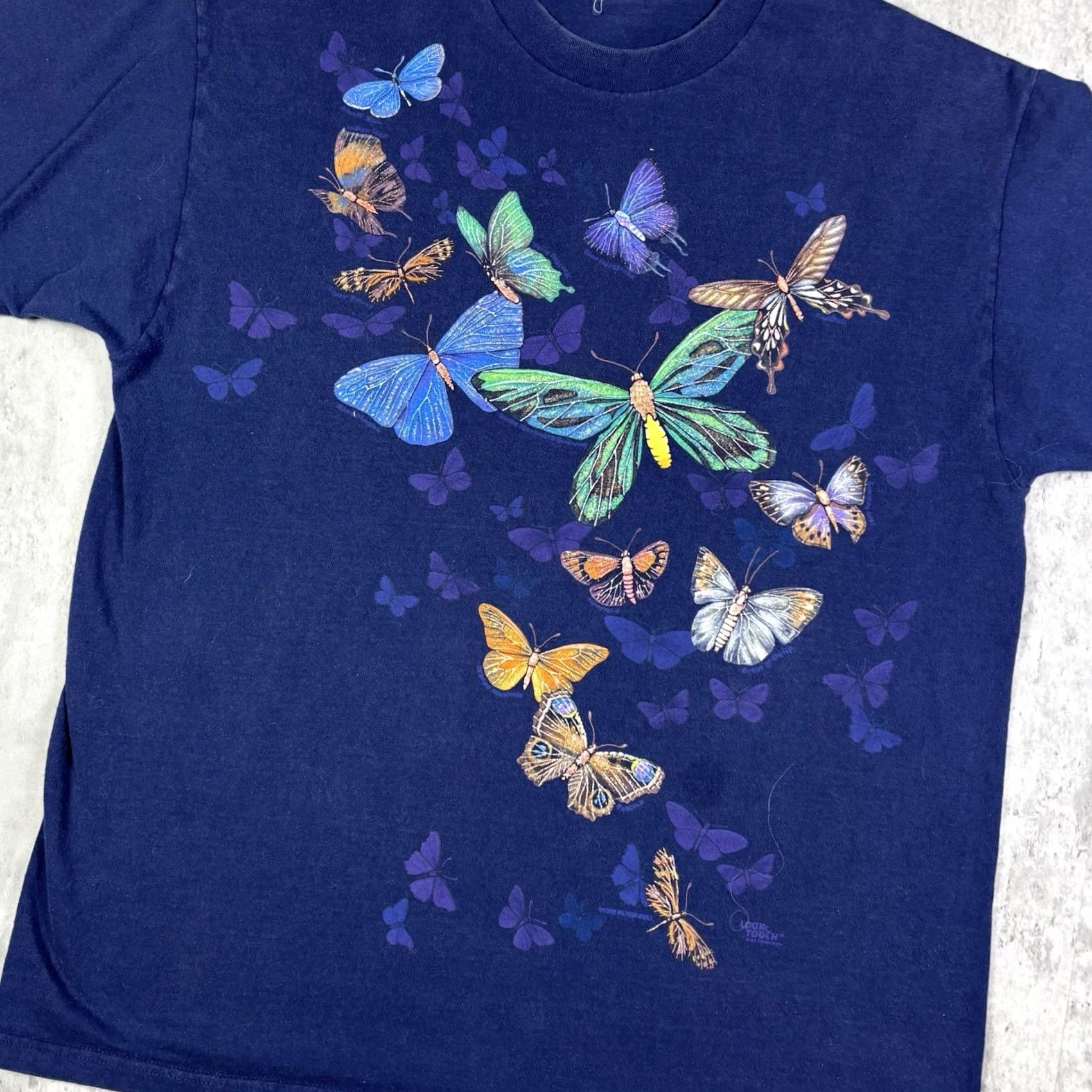 Fruit Of The Loom VINTAGE 90s Buttfly All Over Print Art Nature T Shirt Navy Blue Mens XL Graphic Print Cotton Crew Neck Short Sleeve Fruit of the Loom Regular Size US XL / EU 56 / 4 - 3 Thumbnail