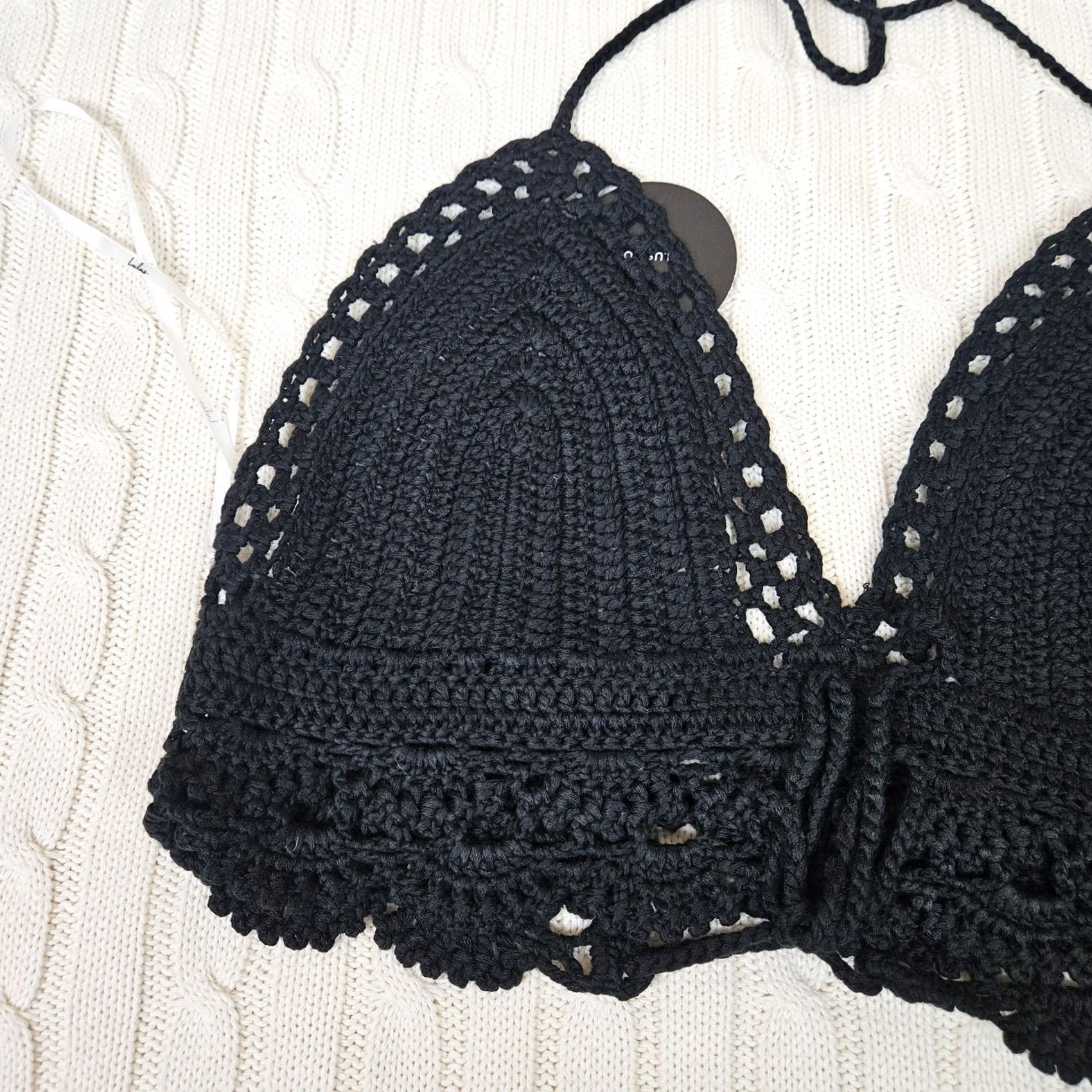 Lulus LULU'S Women Cropped Top Beach Crochet Black S/M Summer V-Neck Tie Sleeveless Size S / US 4 / IT 40 - 4 Thumbnail
