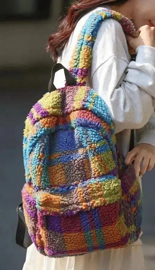 Unisex Fluffy Wool Plush Colorful Rainbow Backpack