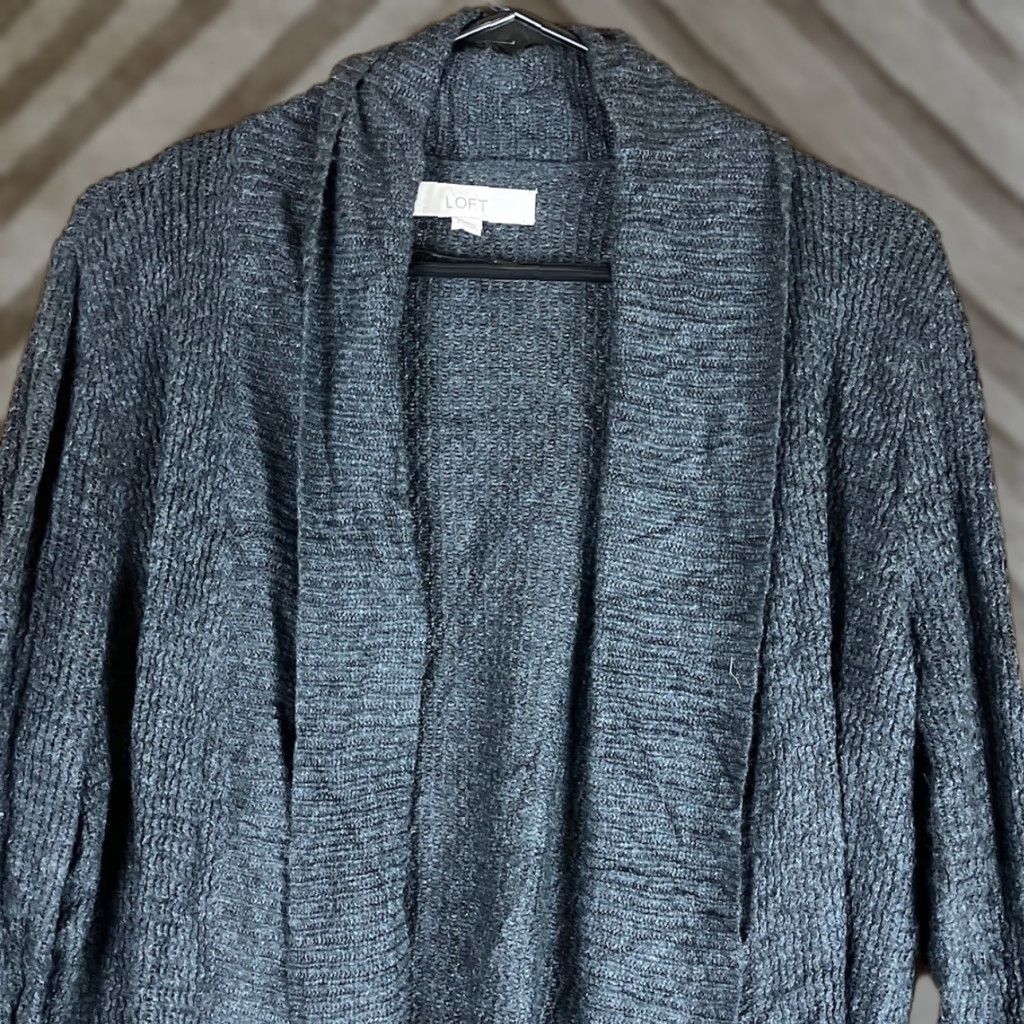 Loft LOFT Ann Taylor Cardigan Sweater Open Front Camel Hair Blend L Women Charcoal Black Knit Cotton Rayon Relaxed Size L / US 10 / IT 46 - 1 Thumbnail