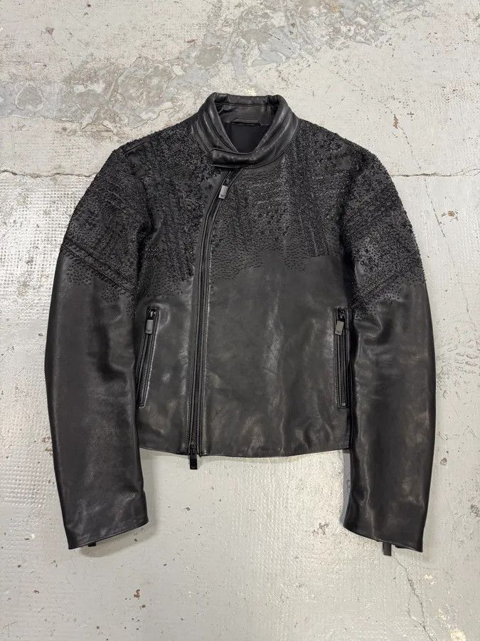 Emporio Armani FW2020 Emporio Armani Black Leather Crystal-Embellished Asymmetrical Zip Jacket Size US S / EU 44-46 / 1 - 1 Thumbnail