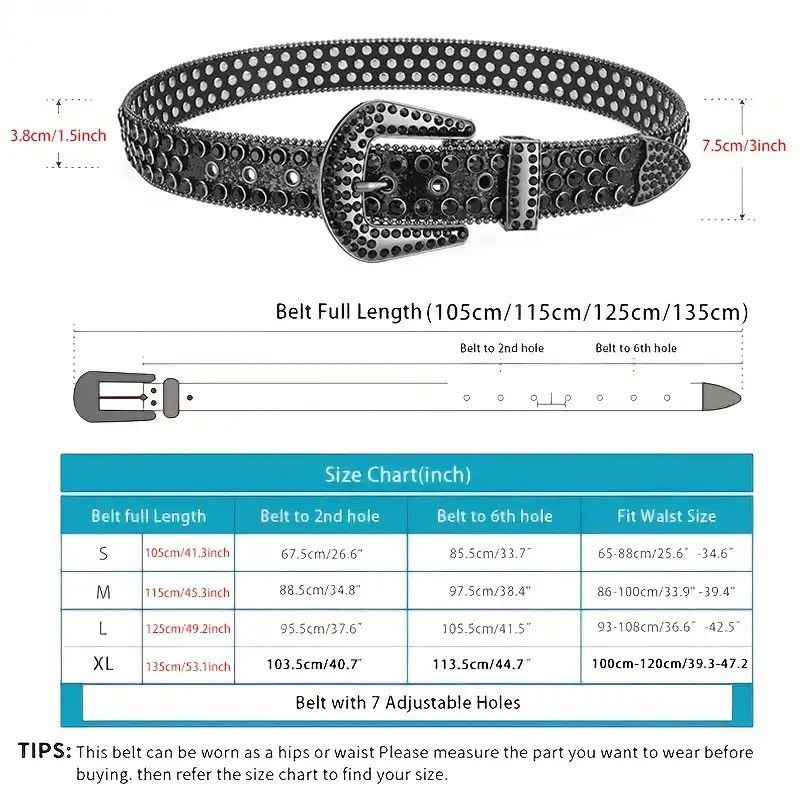 Vintage Rhinestone Large Size Belt Western Denim Shiny Rivet Design Size ONE SIZE - 3 Thumbnail