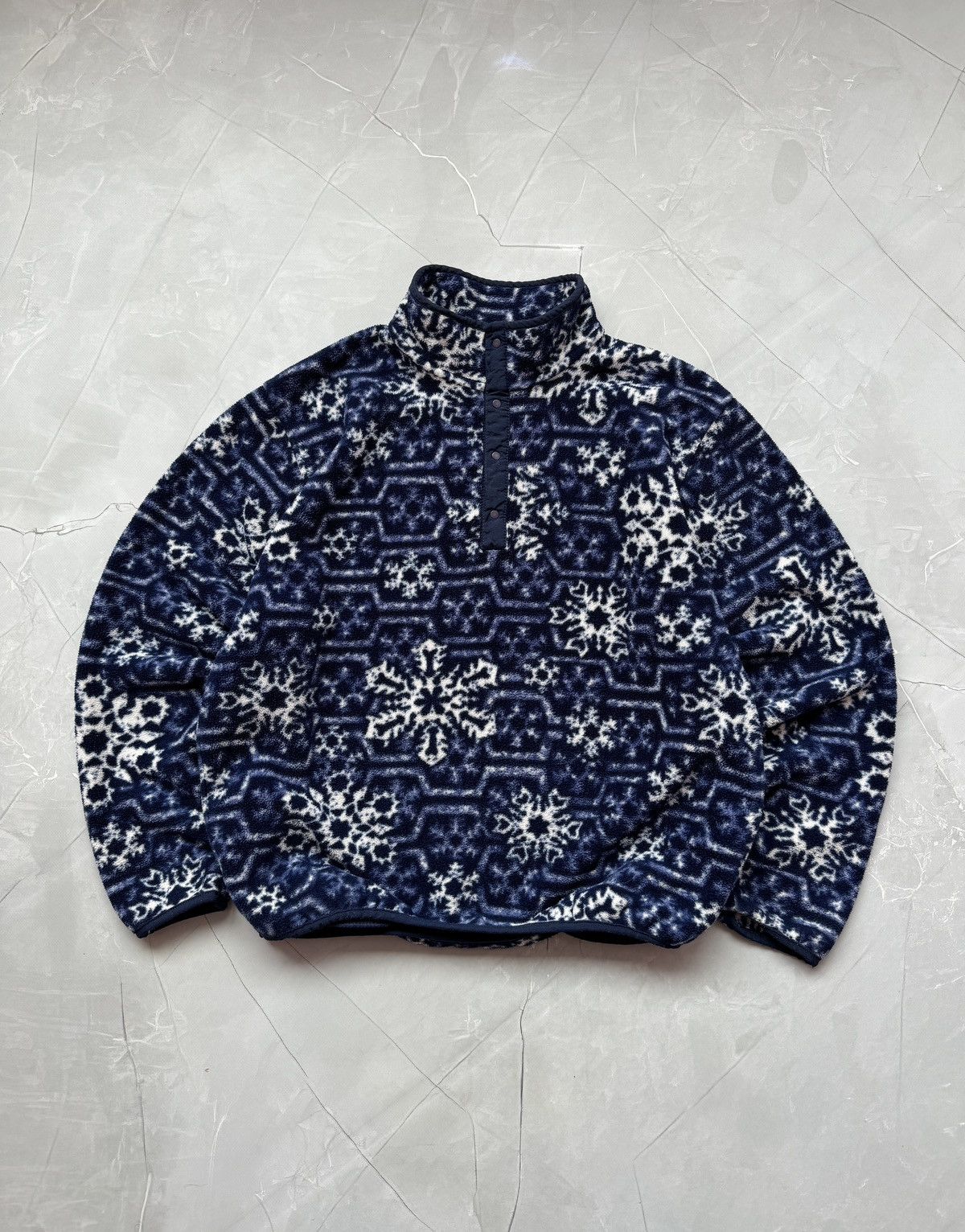 LL Bean Vintage Snowflake outlet Fleece Pullover Jacket in Blue and White XL