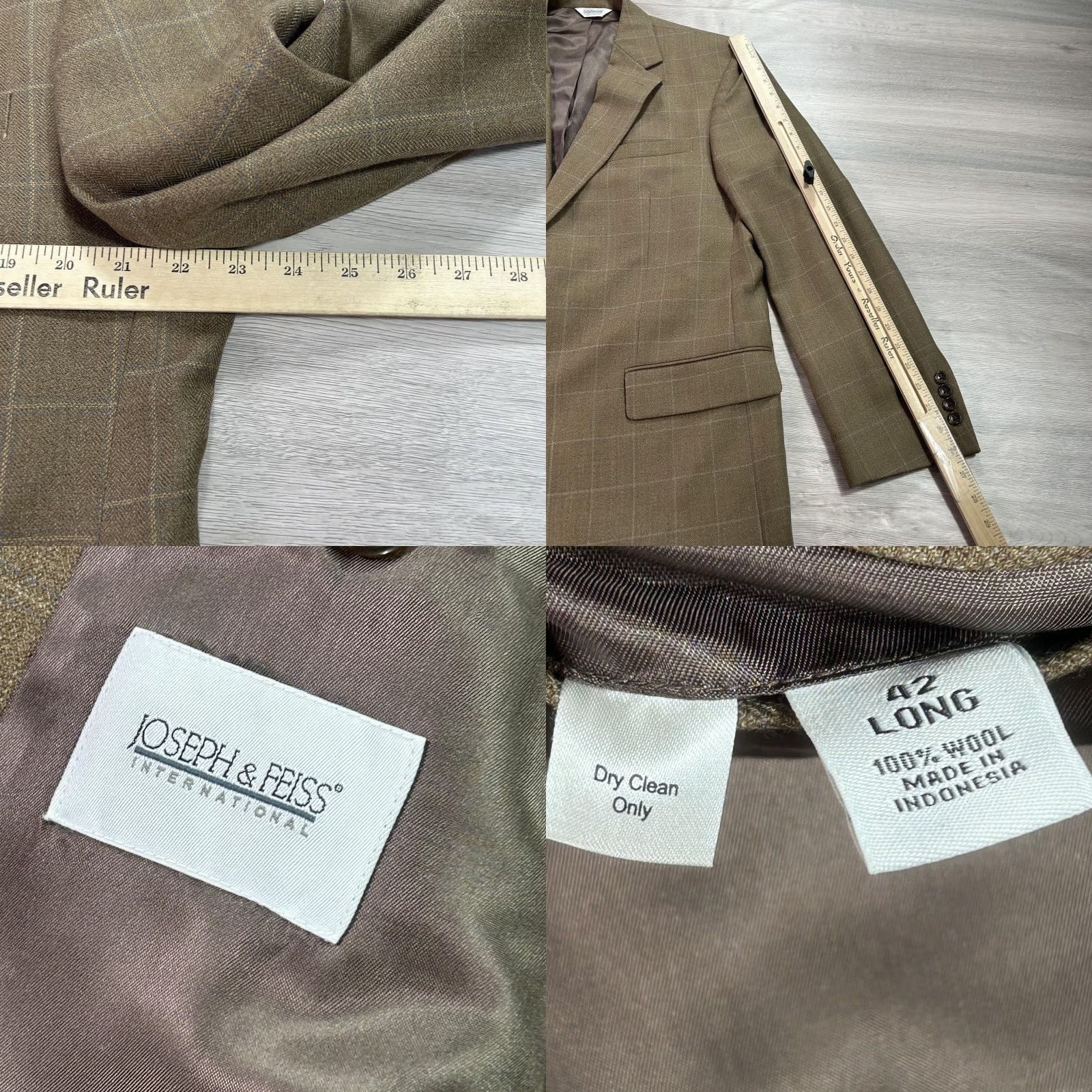 Joseph Joseph & Feiss Blazer Mens 42 Long Brown Wool Windowpane Check Sport Coat Jacket Size 42R - 8 Thumbnail