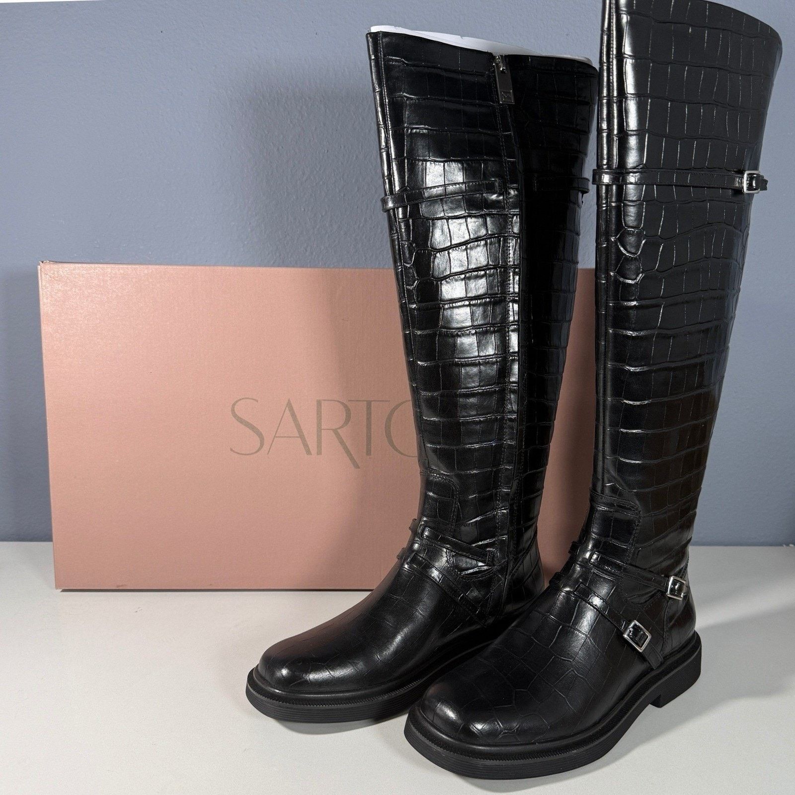 Franco Sarto SARTO by Franco Sarto Black Croc Embossed Leather Boots Size US 8 / IT 38 - 2 Thumbnail