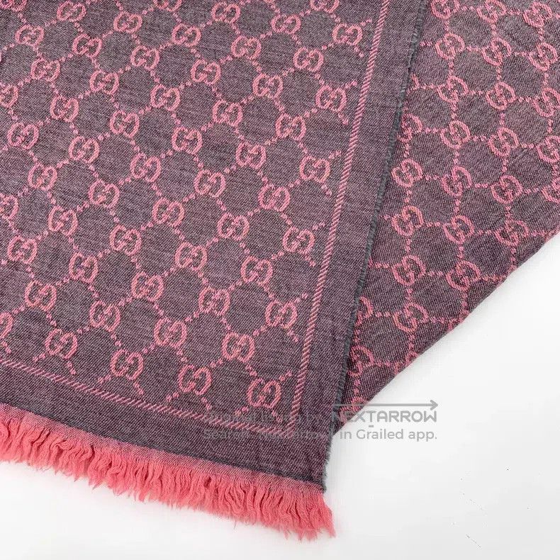 Gucci Gucci Gray-pink logo jacquard printed wool tassel scarf Size ONE SIZE - 5 Thumbnail