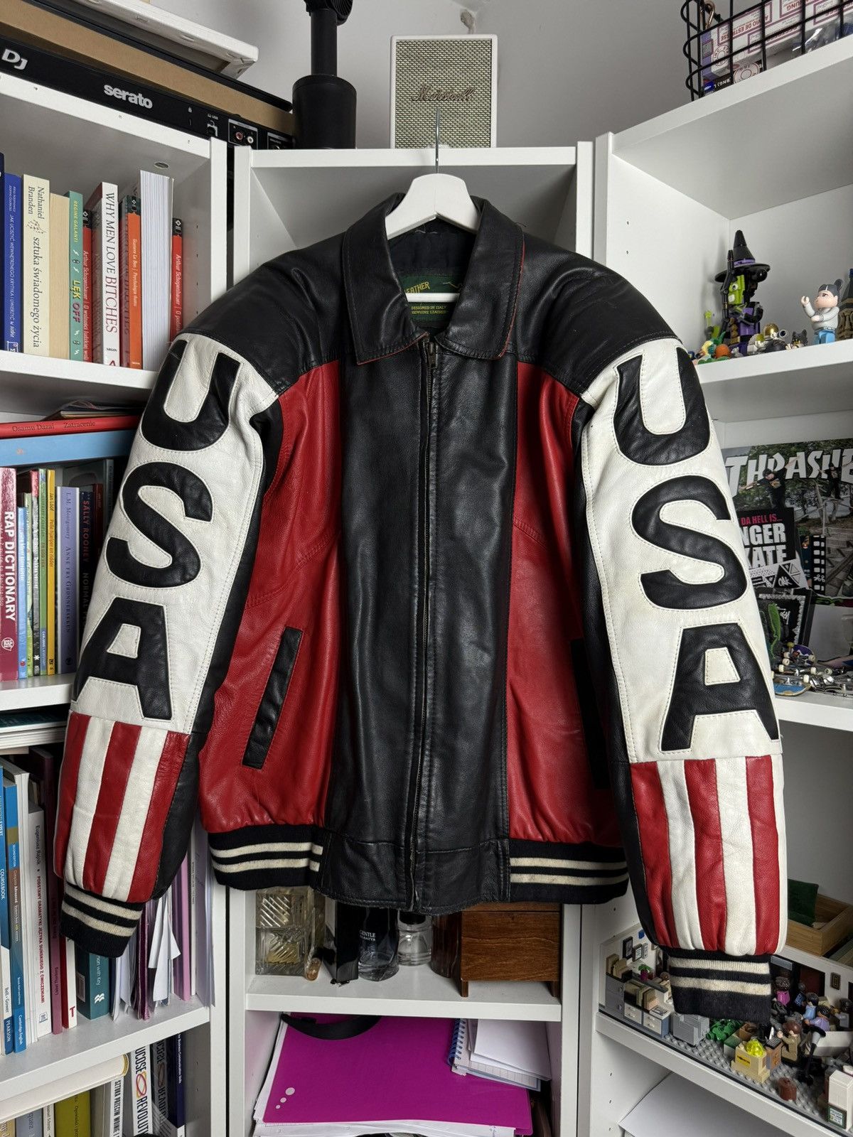 Vintage 90s USA american flag boxy bomber leather jacket L