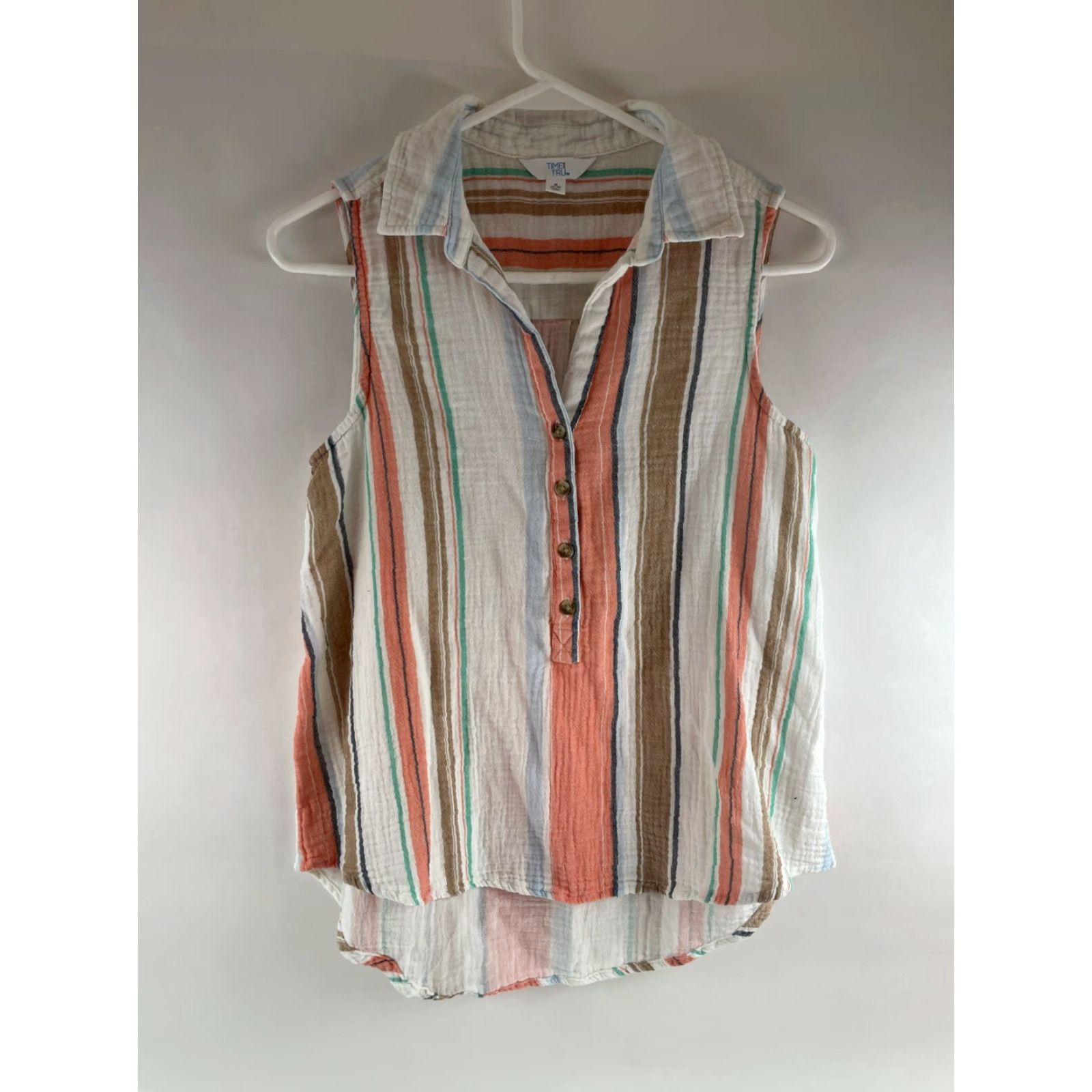 Vintage Time And Tru Blouse Shirt Women's Small Stripes Button Up Sleeveless White Sleeveless Shirt Womens Size S / US 4 / IT 40 - 2 Thumbnail