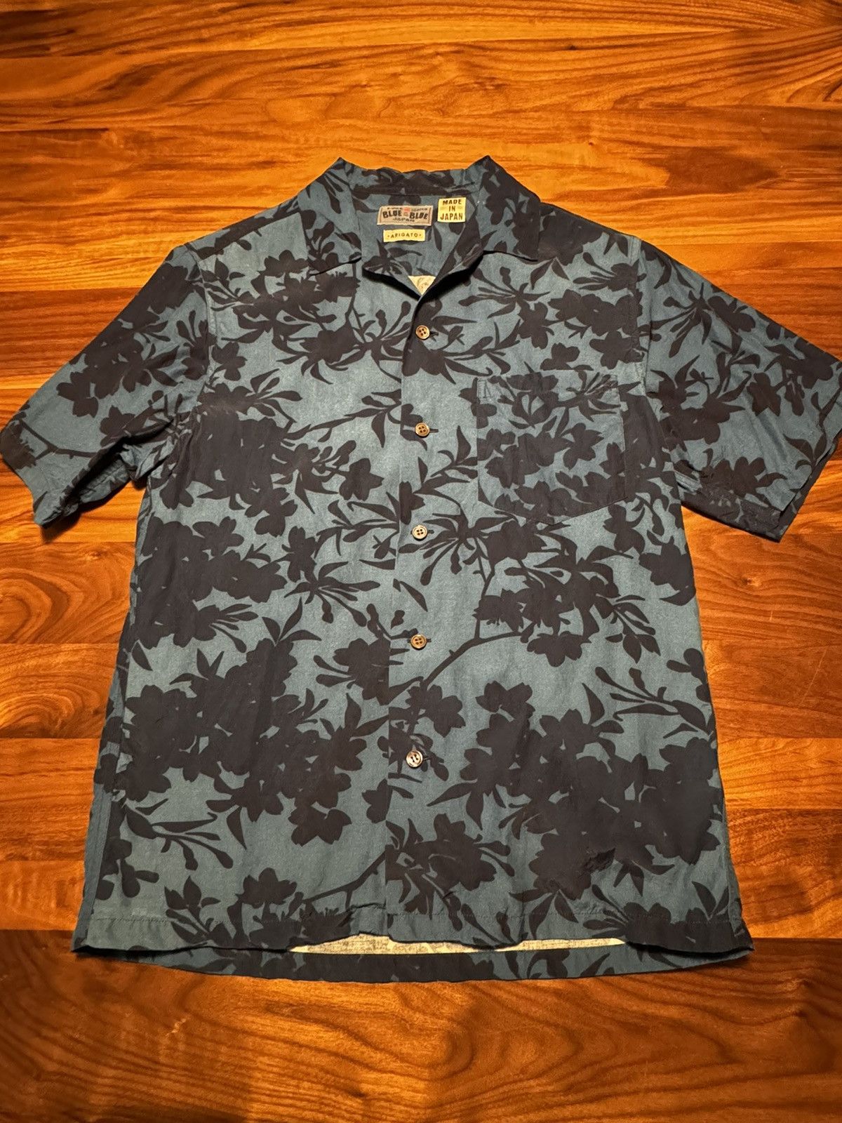 image of Blue Blue Japan Sakura Camp-Collar Indigo-Dyed Floral-Print Voile Shirt in Blue, Men's (Size Small)