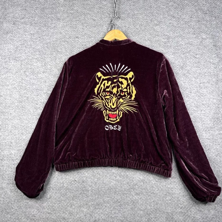 OBEY WORLDWIDE JACKET WOMENS LARGE L PURPLE EMBROIDERED TIGER SATIN FULL ZIP