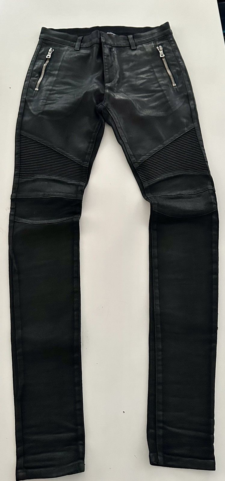 Image of Balmain Waxed Black Skinny Biker Trousers, Men's (Size 30)