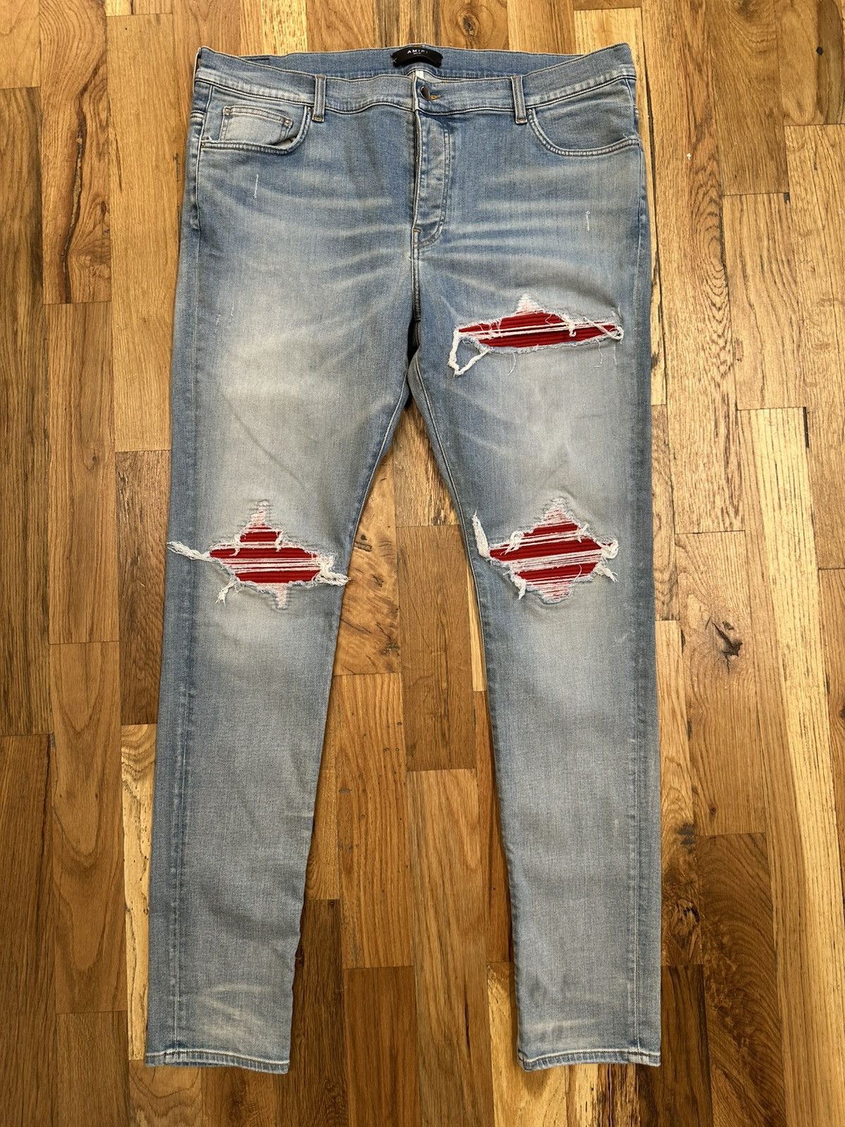 Amiri MX1 Red Suede Blue Denim Jeans Size 40