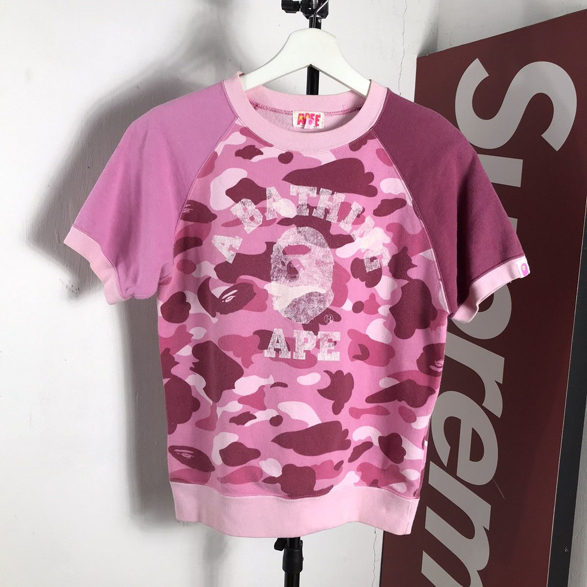 image of 2006 Vintage Bape Abc Camo Crewneck Short in Pink, Men's (Size Small)