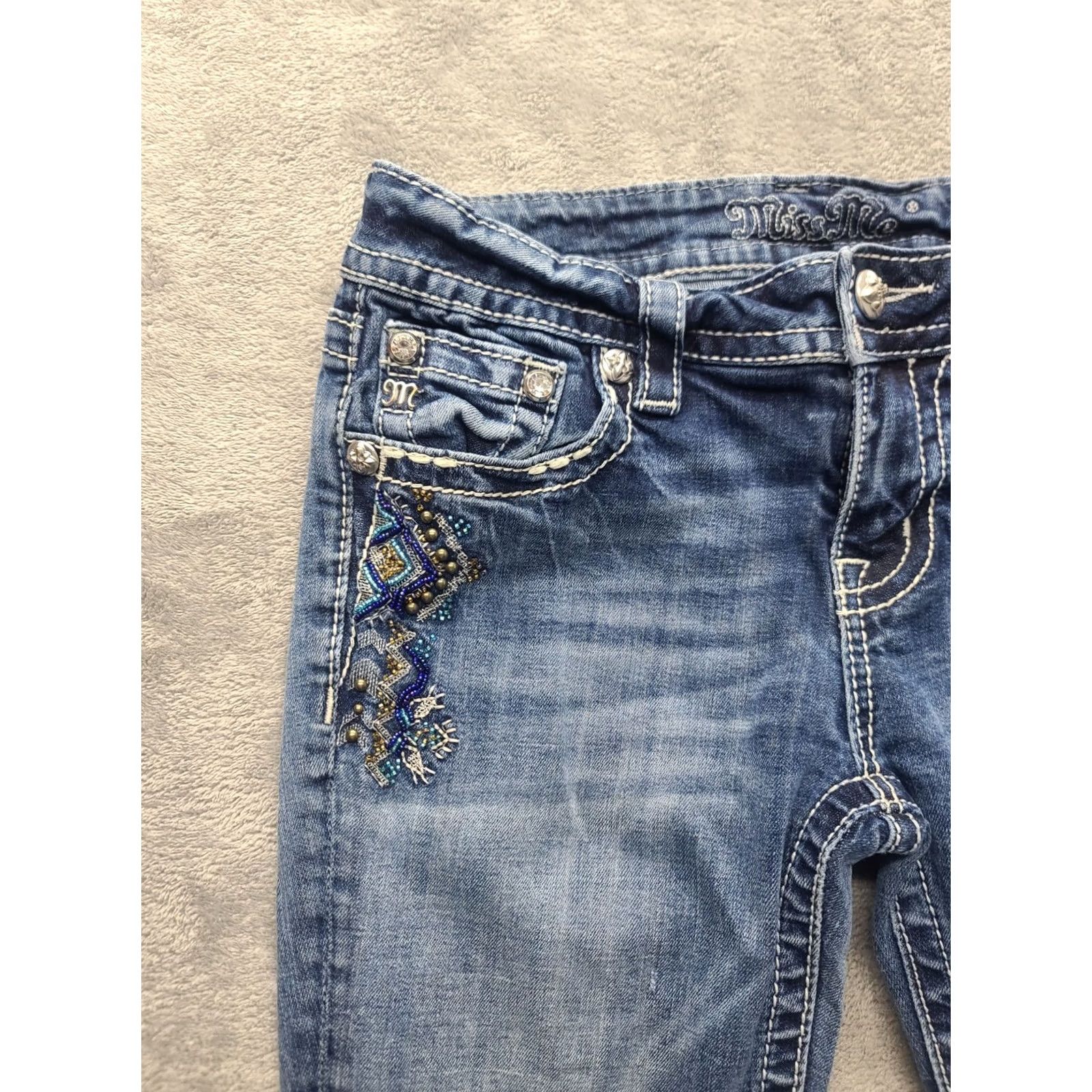 Miss Me Miss Me Jeans Womens 28x32 Regular Fit Boot Cut Mid Rise Aztec Distressed Denim Size 28" / US 6 / IT 42 - 4 Thumbnail