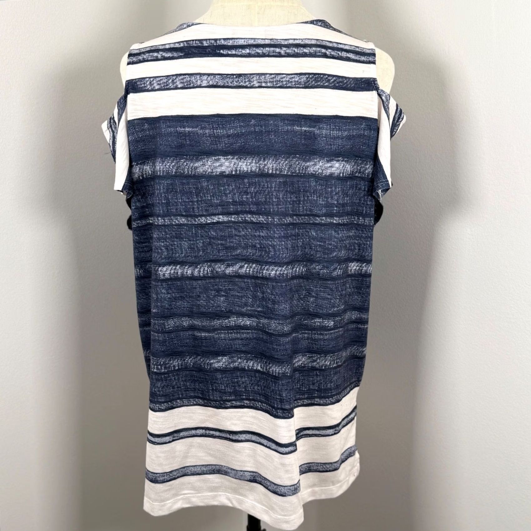 Vintage Zenergy by Chico's Womens T-Shirt Cold Shoulder Striped Blue White Crew Neck Short Sleeve 8 Regular Casual Summer Womens Size M / US 6-8 / IT 42-44 - 3 Thumbnail