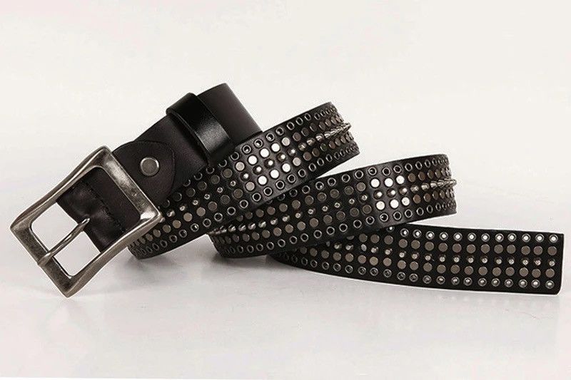 image of Genuine Leather Cowboy Belt Buckle Vintage Metal Rivet in Black, Men's