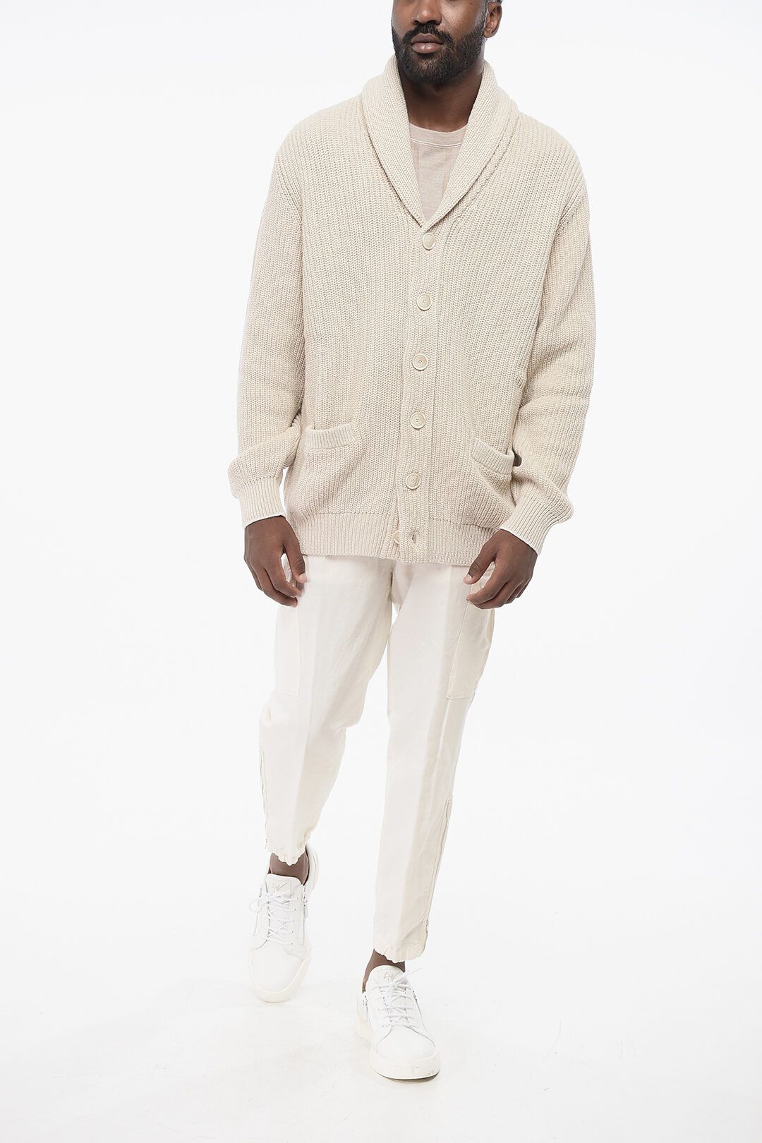 Brunello Cucinelli og1mm0725 Shawl Neck Pure Cotton Cardigan in Beige Size US XL / EU 56 / 4 - 3 Thumbnail