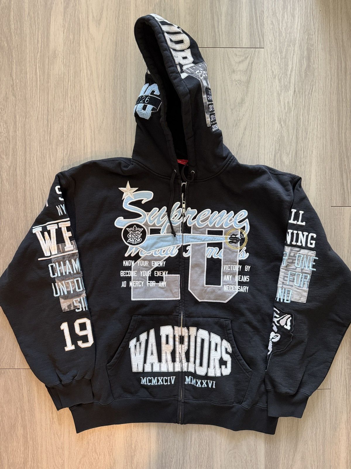 Supreme Warriors Appliqué Zip Up Hooded Sweatshirt Black | Grailed