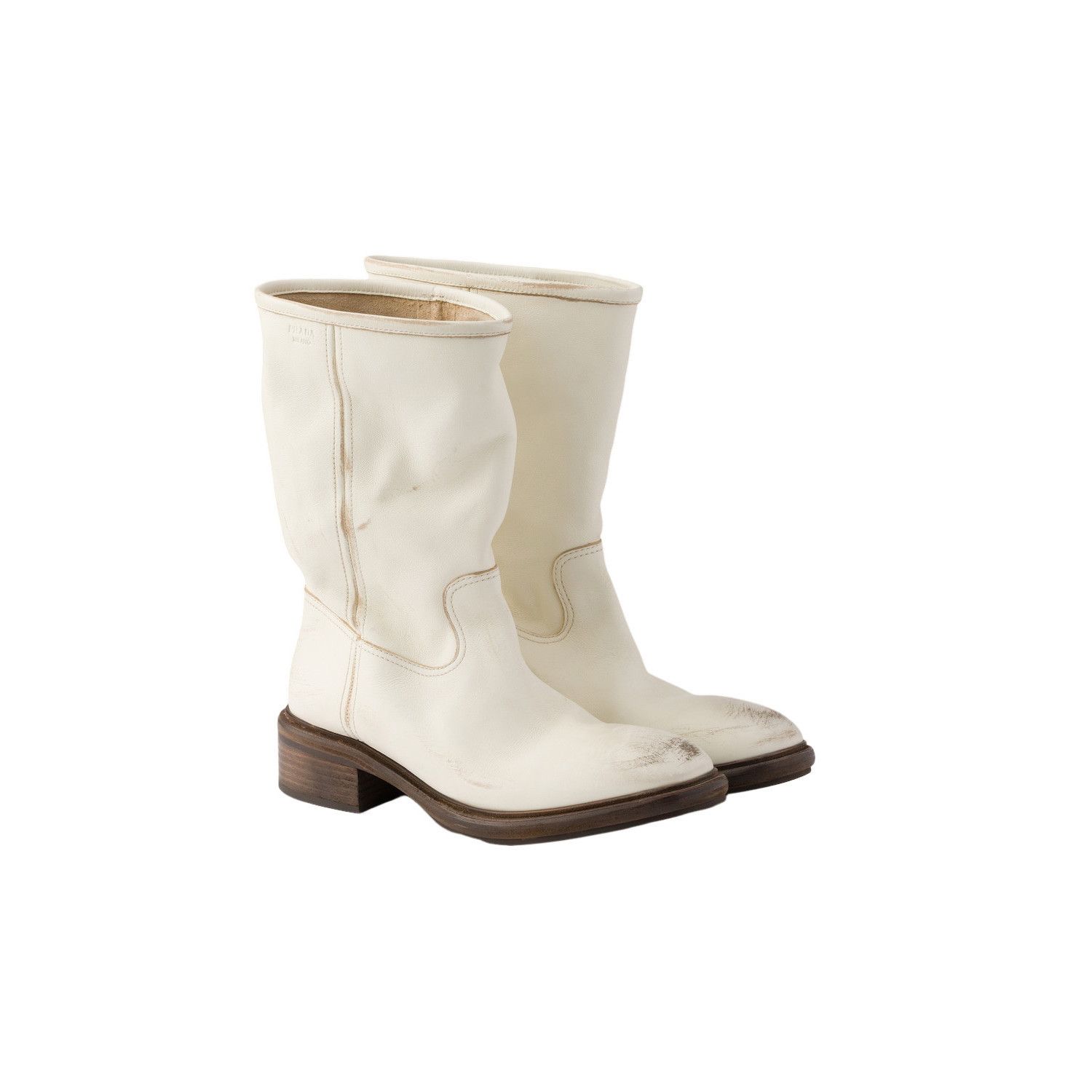 Prada PRADA $1990 Chalk White Vintage-effect leather boots New & A Size US 10 / IT 40 - 1 Thumbnail