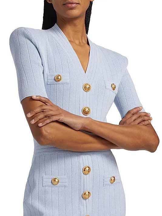 Balmain o1s1wg111225 Button Accented Kinit Mini Dress in Blue Size L / US 10 / IT 46 - 5 Thumbnail