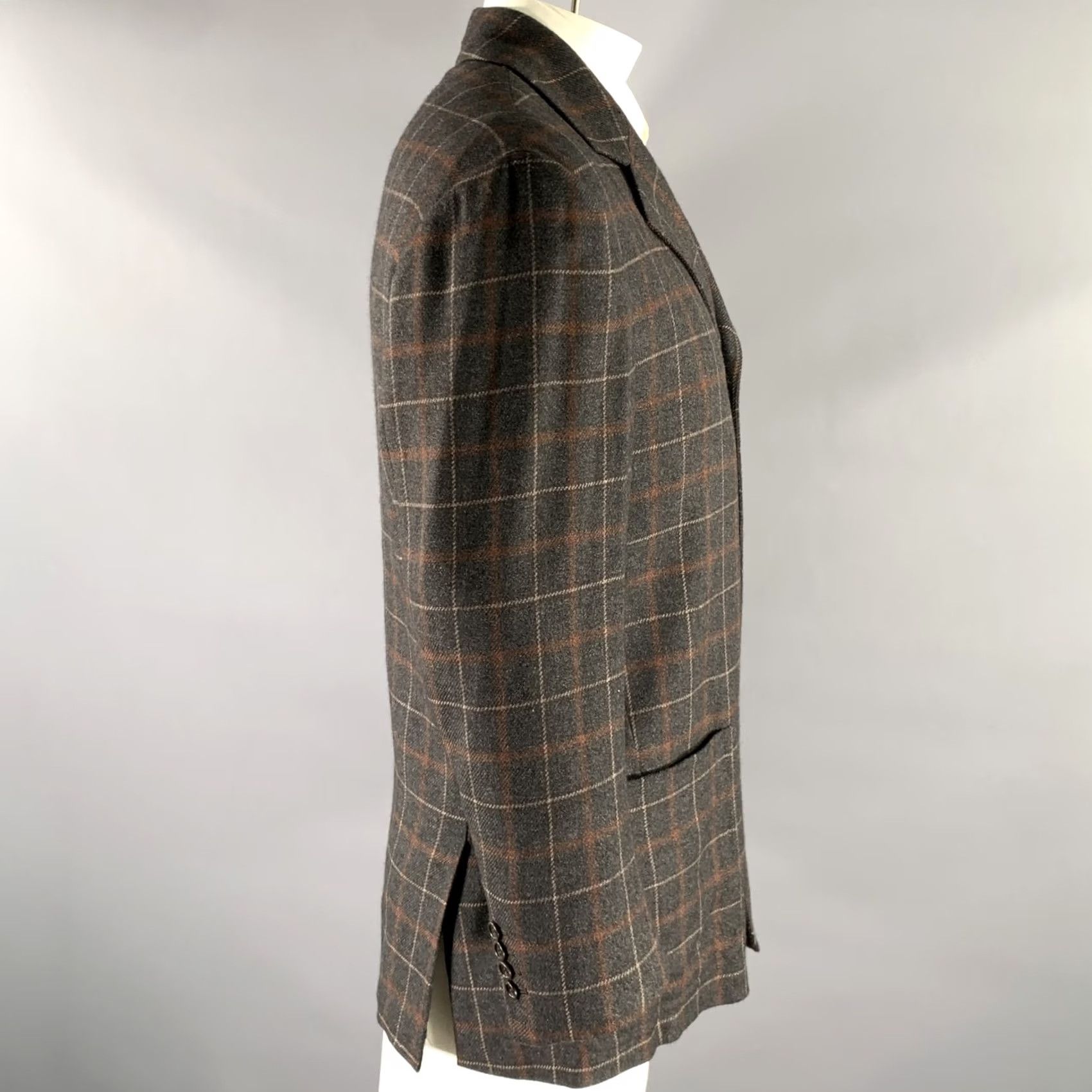 Kiton KITON Notch Lapel Grey Brown Plaid Cashmere Sport Coat 40 Men Blazer Italy Vintage Style Size 40R - 3 Thumbnail