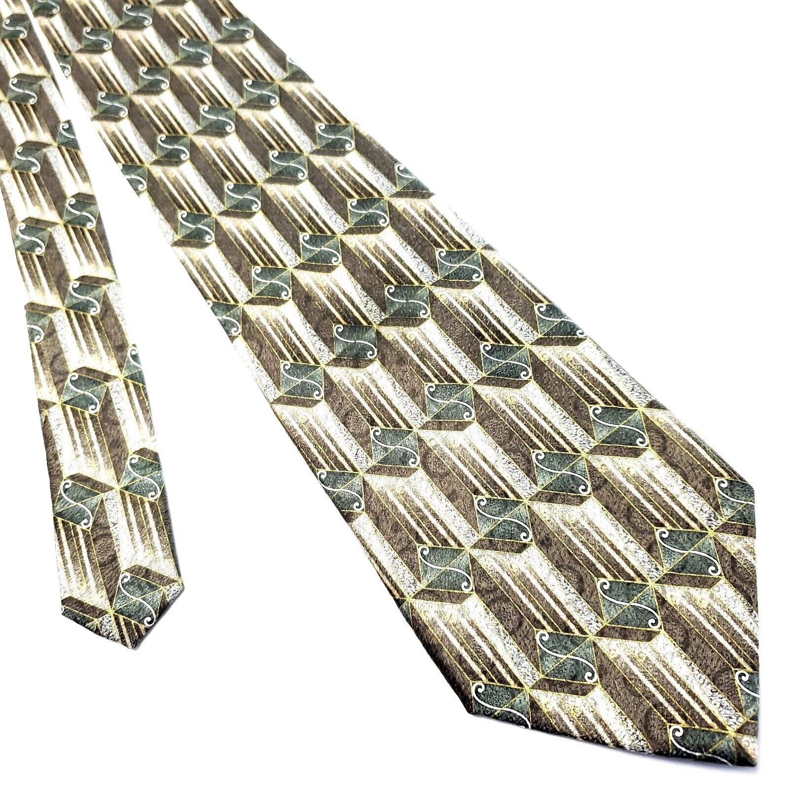 Stafford Stafford Executive Silk Tie Brown Green Geometric Print Wide Size ONE SIZE - 1 Thumbnail
