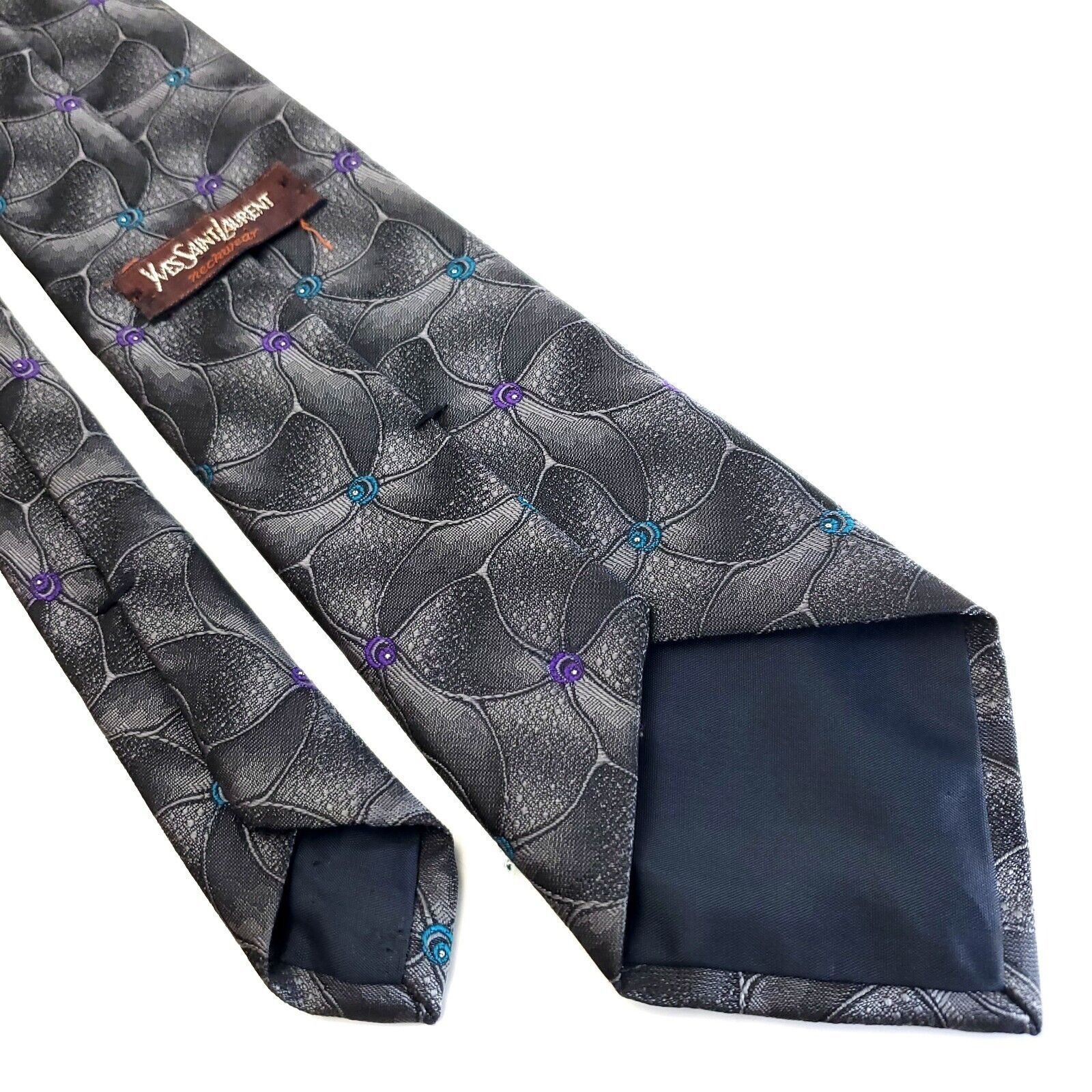 Yves Saint Laurent Yves Saint Laurent Gray Woven Silk Tie Abstract Purple Teal Size ONE SIZE - 4 Thumbnail