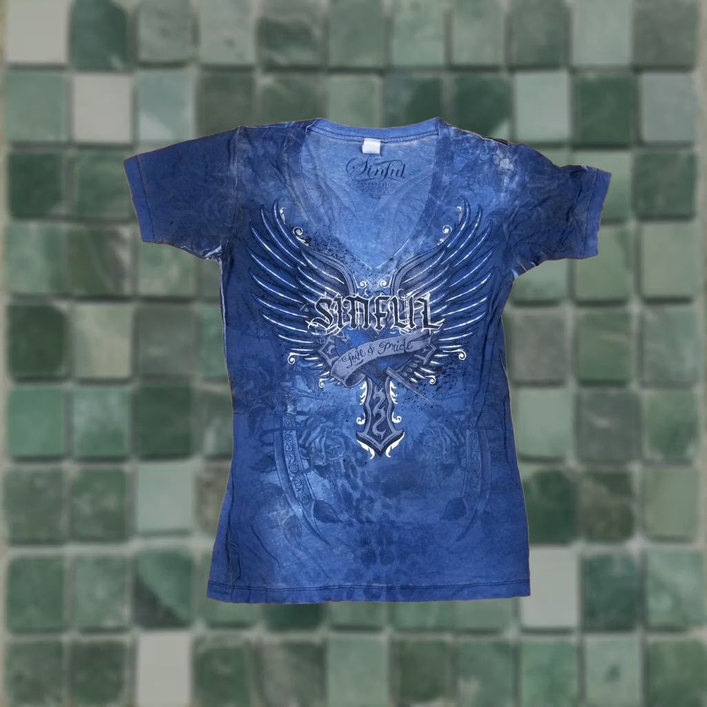 Affliction VINTAGE Affliction T-Shirt Shirt Mens 90s USA Army Military WINGS CROSS V NECK SIZE M Blue Size US M / EU 48-50 / 2 - 1 Thumbnail