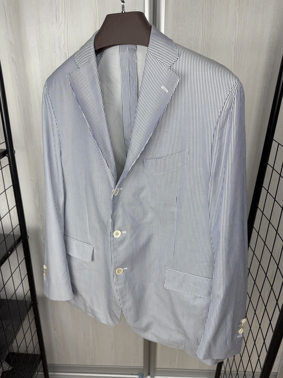 Lardini Lardini 100% Linen Blue White striped unlined lux blazer Size 48R - 6 Thumbnail