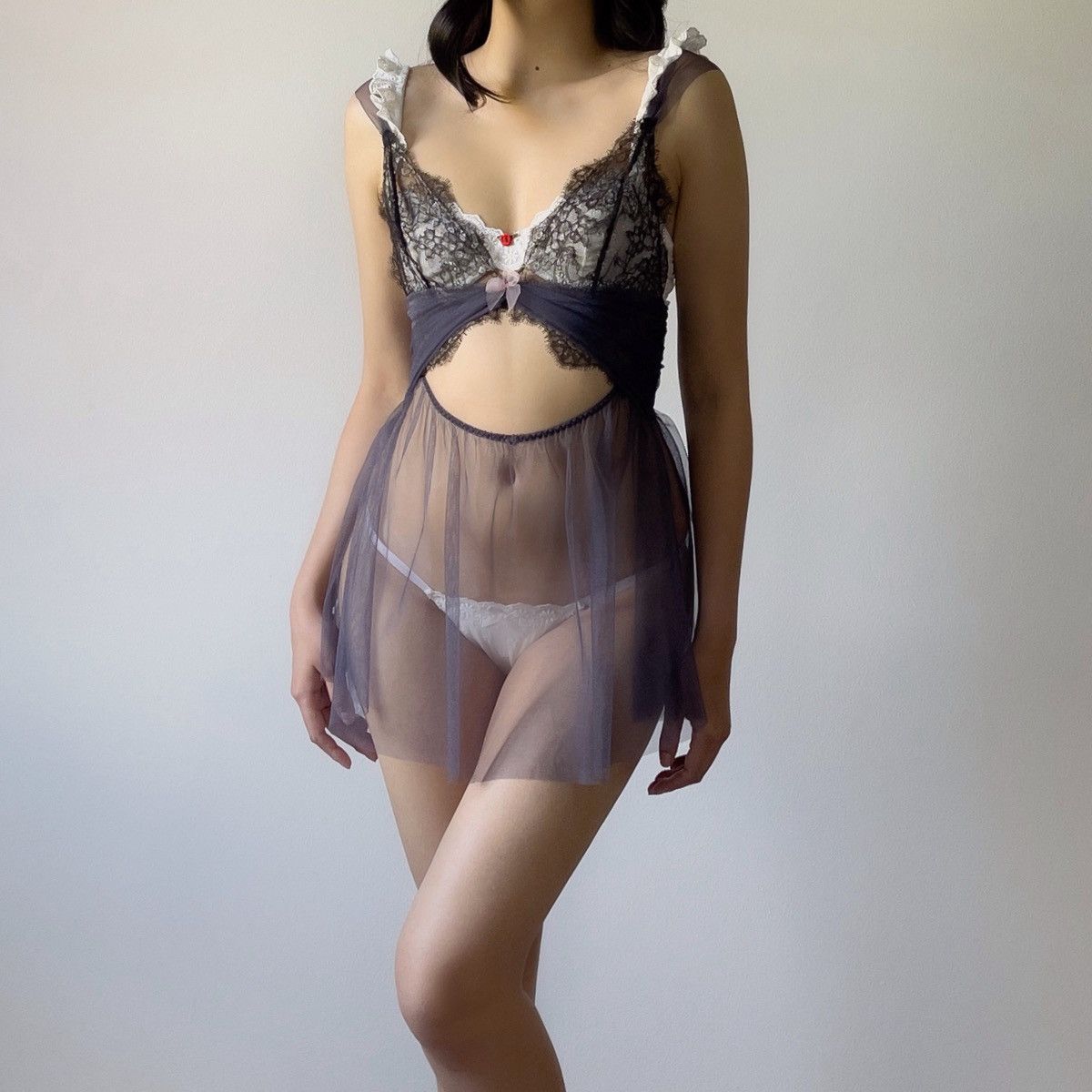 Victoria's Secret Dusty Blue Mesh & Black Lace Sheer Mini Slip Dress (S-M) Size M / US 6-8 / IT 42-44 - 3 Thumbnail