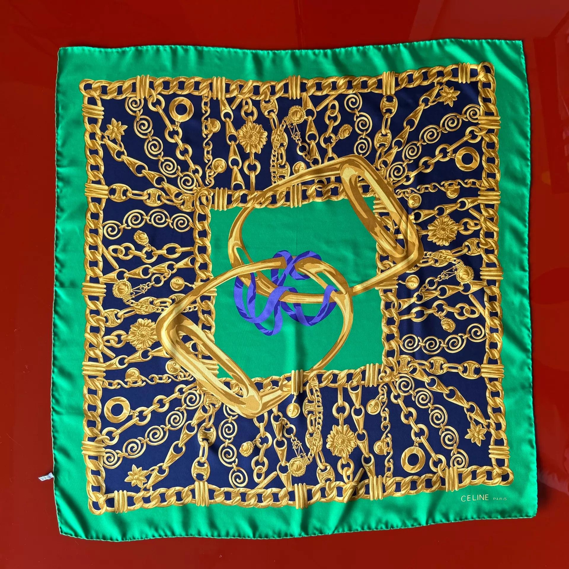 Celine Celine Vintage Green Link Triomphe Stirrup Silk 90 Size ONE SIZE - 9 Thumbnail