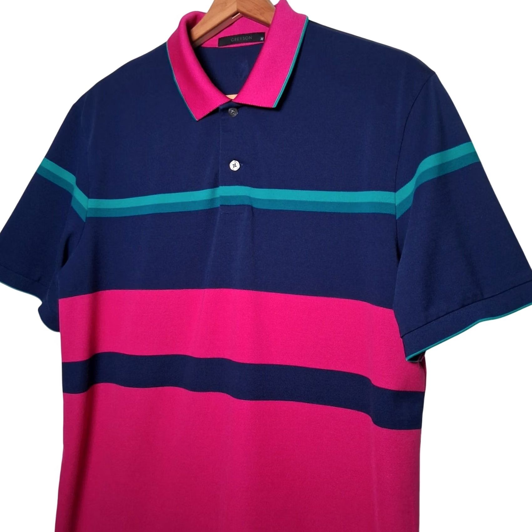 Vintage Greyson Polo Shirt Men M Woven Pima Cotton Blend Pink Blue Striped Golf Golfing Size US M / EU 48-50 / 2 - 2 Thumbnail