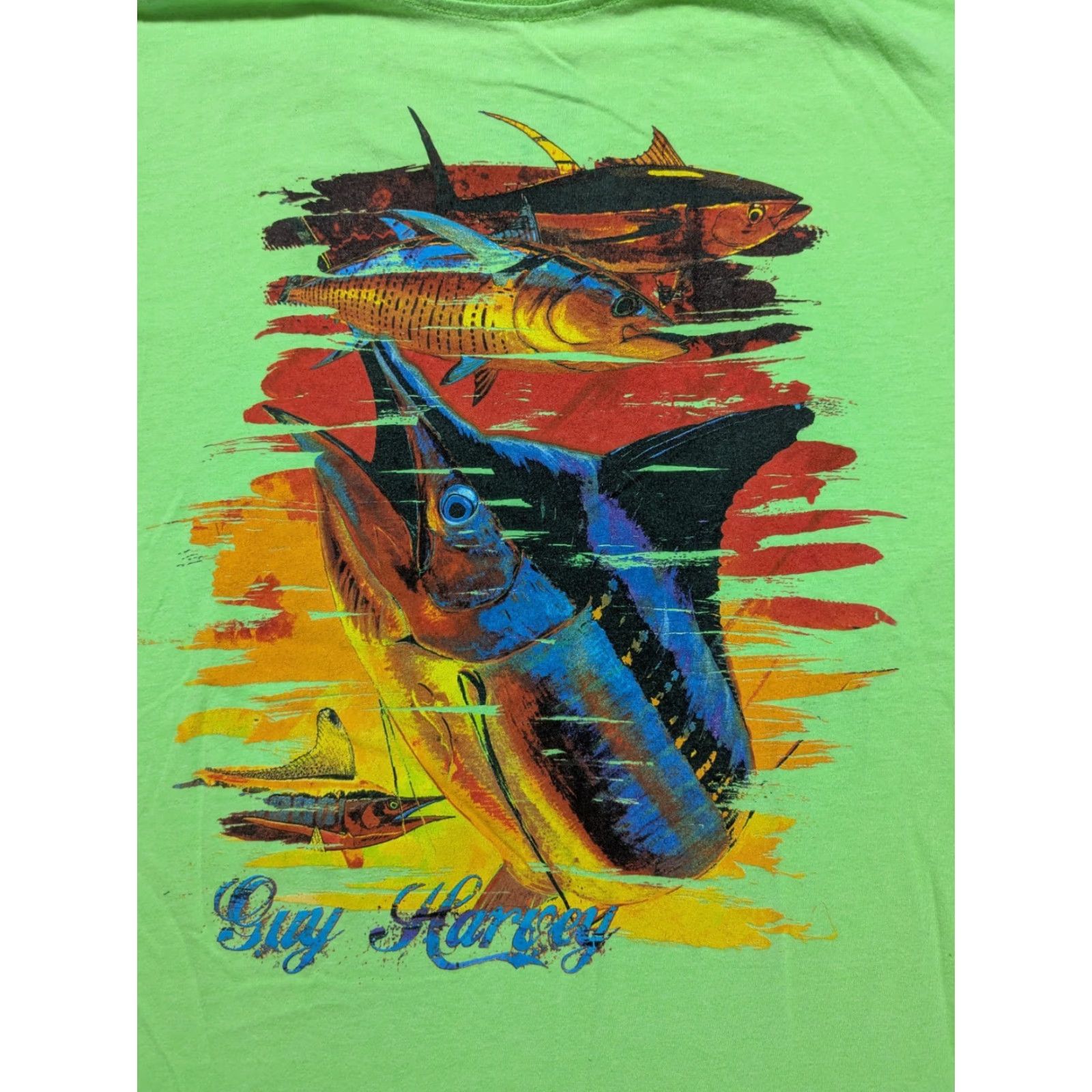 Guy Harvey Guy Harvey Lime Green Chainsaw T-Shirt - Men L Green Graphic Print Crew Neck Short Sleeve Shirt Mens Size US L / EU 52-54 / 3 - 2 Thumbnail