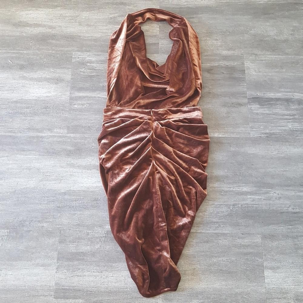 Designer Chocolate Velvet Classic Ruched Halter Midi Size S / US 4 / IT 40 - 5 Thumbnail