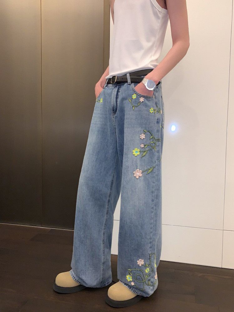 Japanese Brand Men's Washed & Distressed Loose Jeans with Floral Embroidery Size US 32 / EU 48 - 4 Thumbnail