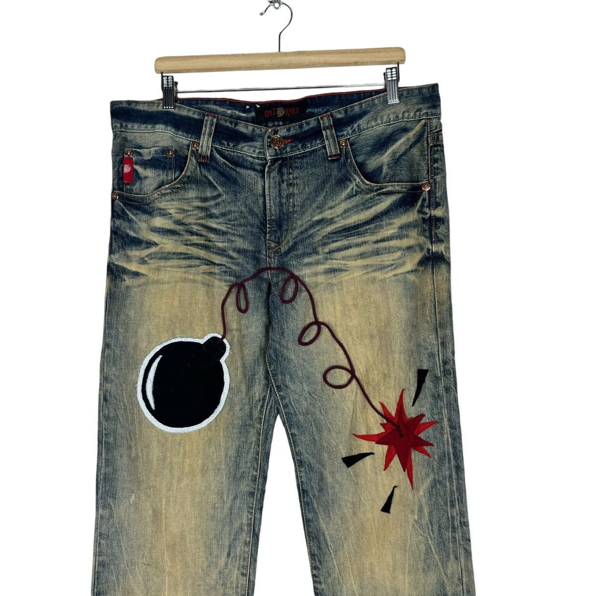 Japanese Brand ❄️ONIARAI JAPAN BOMB PATCHWORK DENIM JEANS FLARE PANTS Size US 34 / EU 50 - 3 Thumbnail