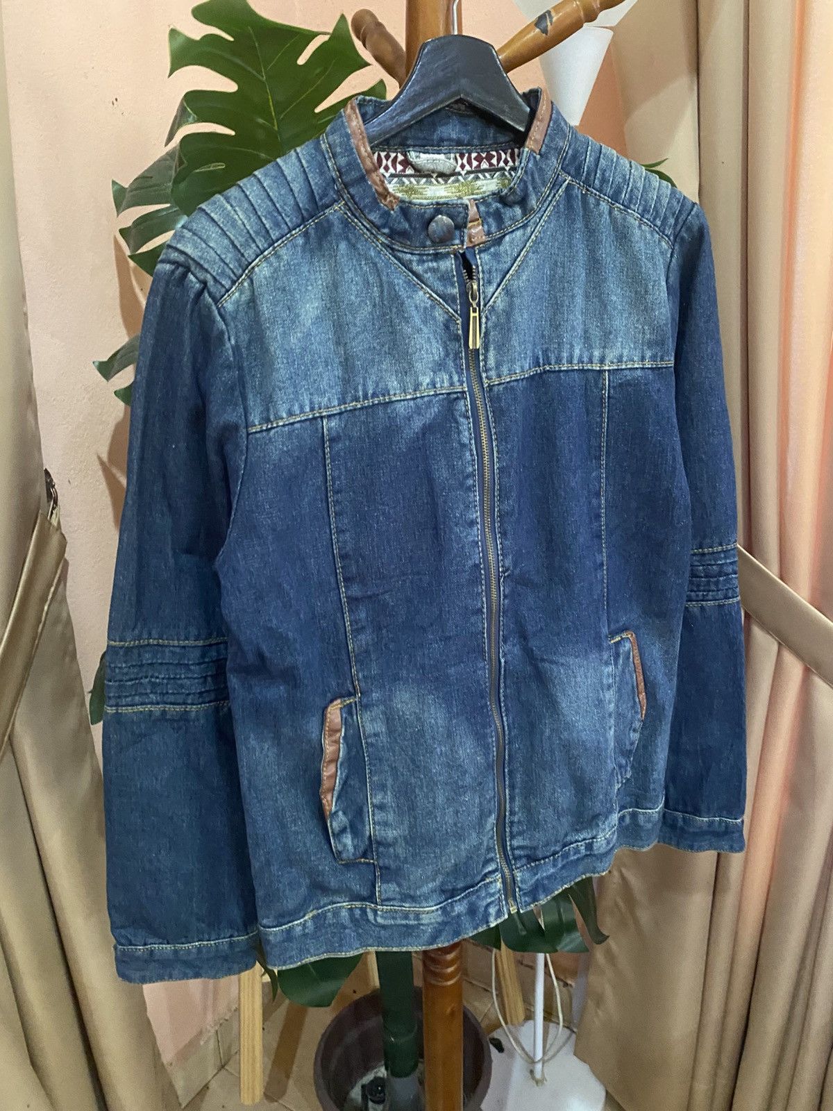 Other Vintage denim biker-style zip jacket with brown leather trim Size US M / EU 48-50 / 2 - 3 Thumbnail