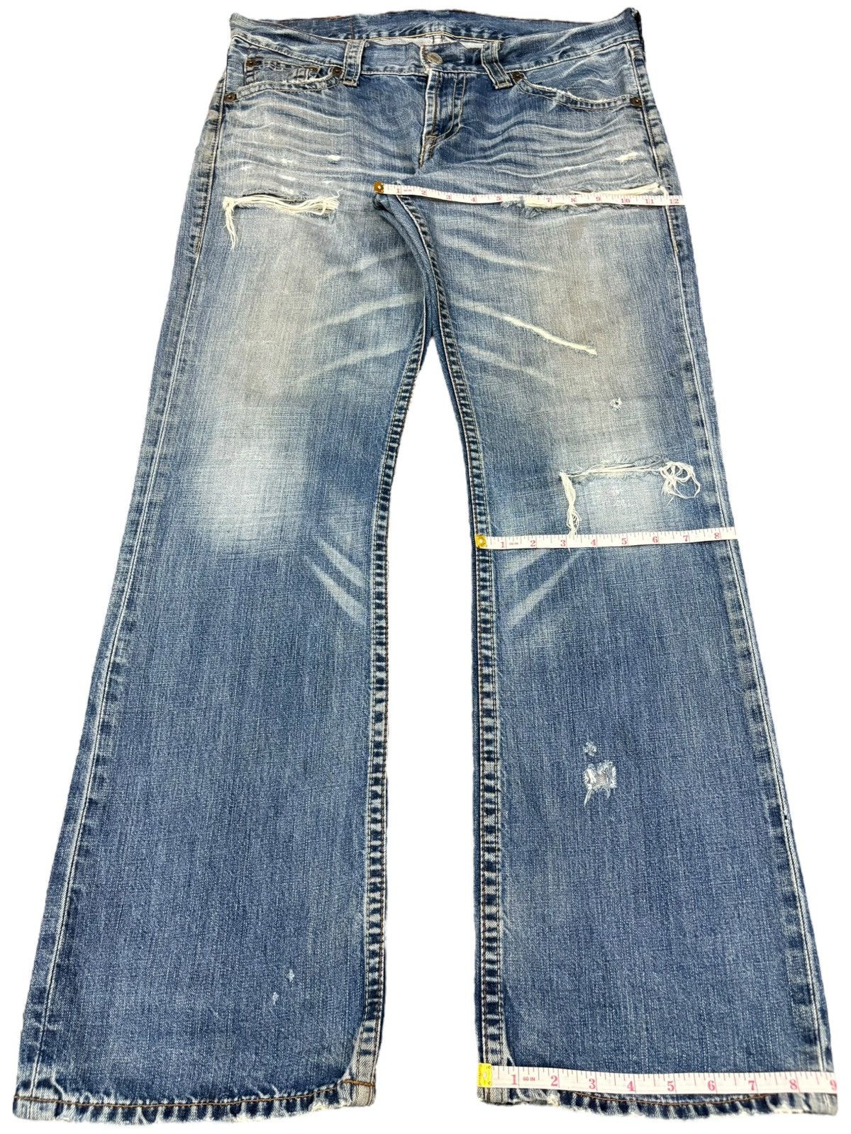 Vintage 90s Levis 507 Blue Wash Distressed Flare Jeans