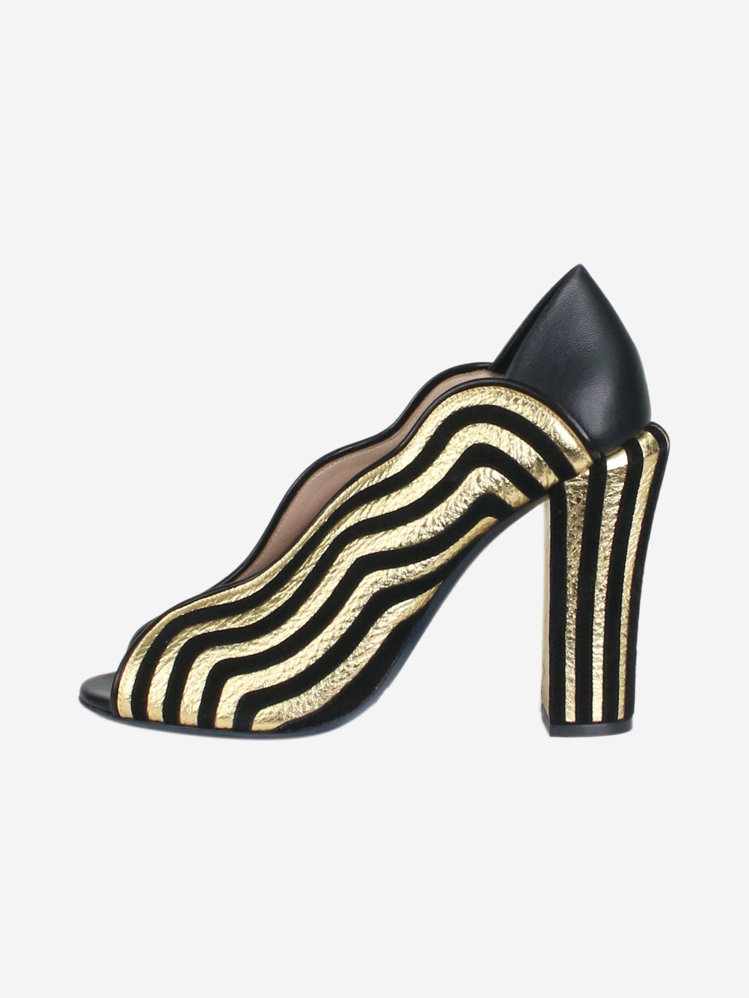 image of Fendi Black And Gold Wavy Open-Toe Pumps - Size Eu 41 Shoes, Women's
