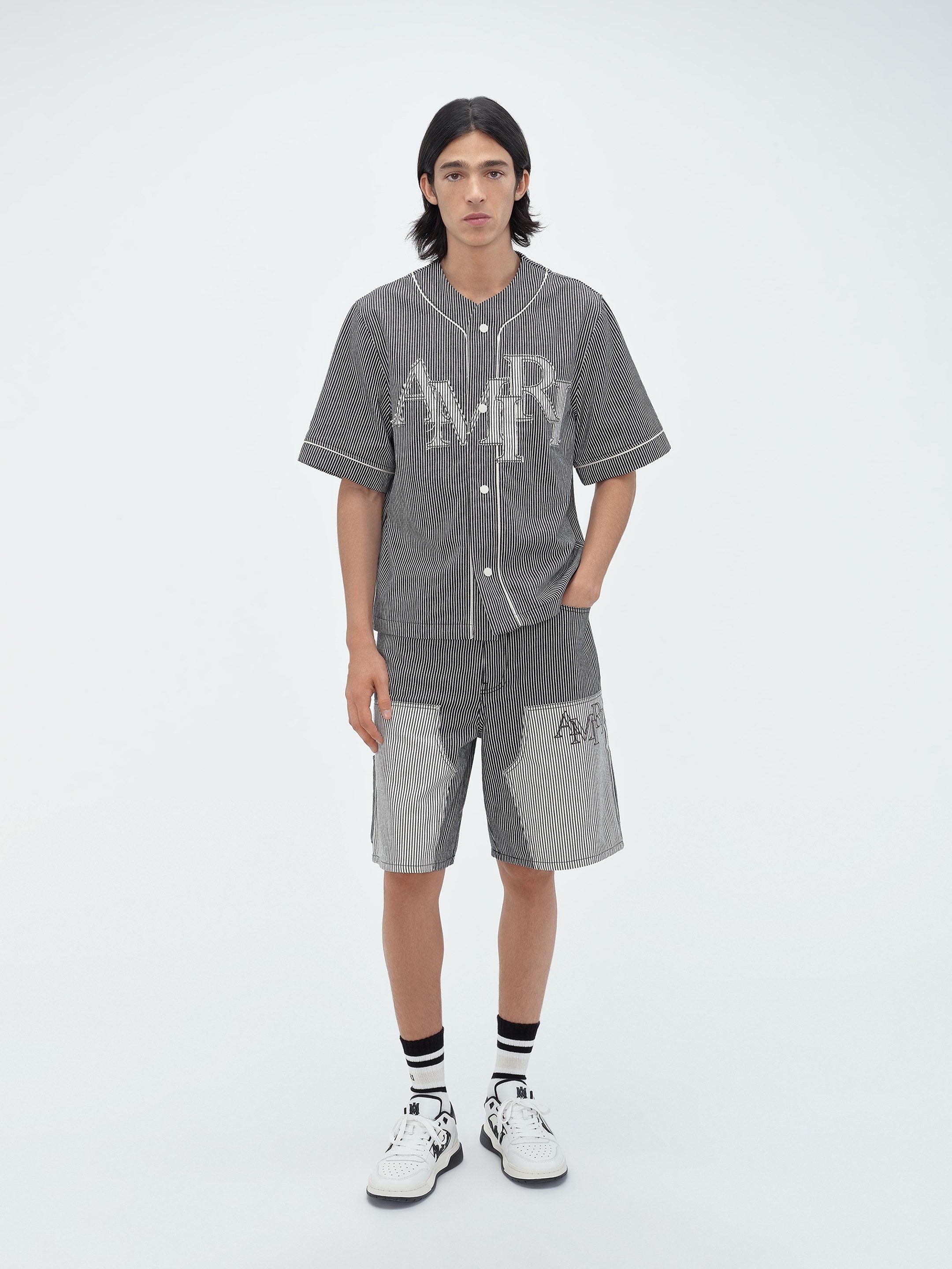 Amiri o1s1wg110425 Striped Denim Logo Applique Baseball Shirt Size US S / EU 44-46 / 1 - 2 Thumbnail
