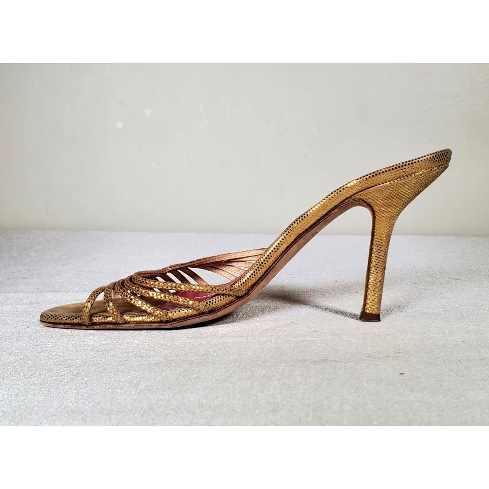 Vintage Kate Spade New York Gold Metallic Leather Open Toe Slip On High Heels Women US 7.5 B Italy Stiletto Size US 8 / IT 38 - 3 Thumbnail