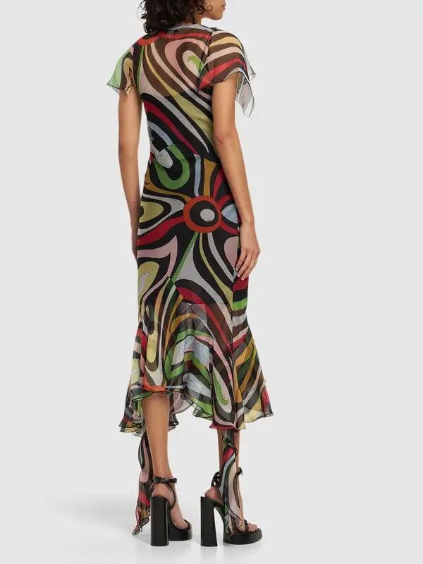 Emilio Pucci o1mle1224 Printed Chiffon Dress in Multicolor Size S / US 4 / IT 40 - 3 Thumbnail