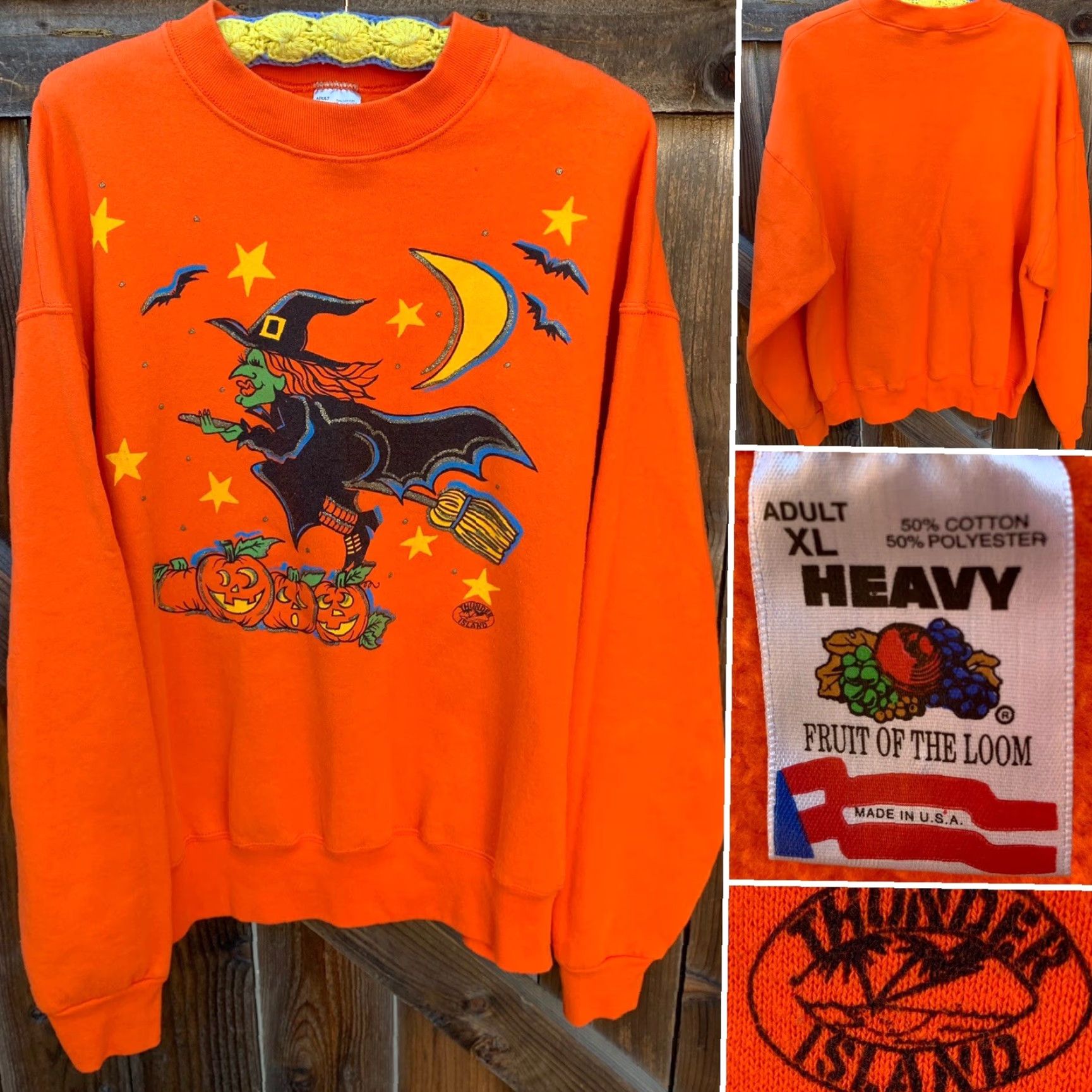 Fruit Of The Loom VINTAGE Fruit of the Loom Sweatshirt Halloween Witch Pumpkins 90s Graphic Print Pullover Long Sleeve Orange XL Unisex Adults Size US XL / EU 56 / 4 - 7 Thumbnail