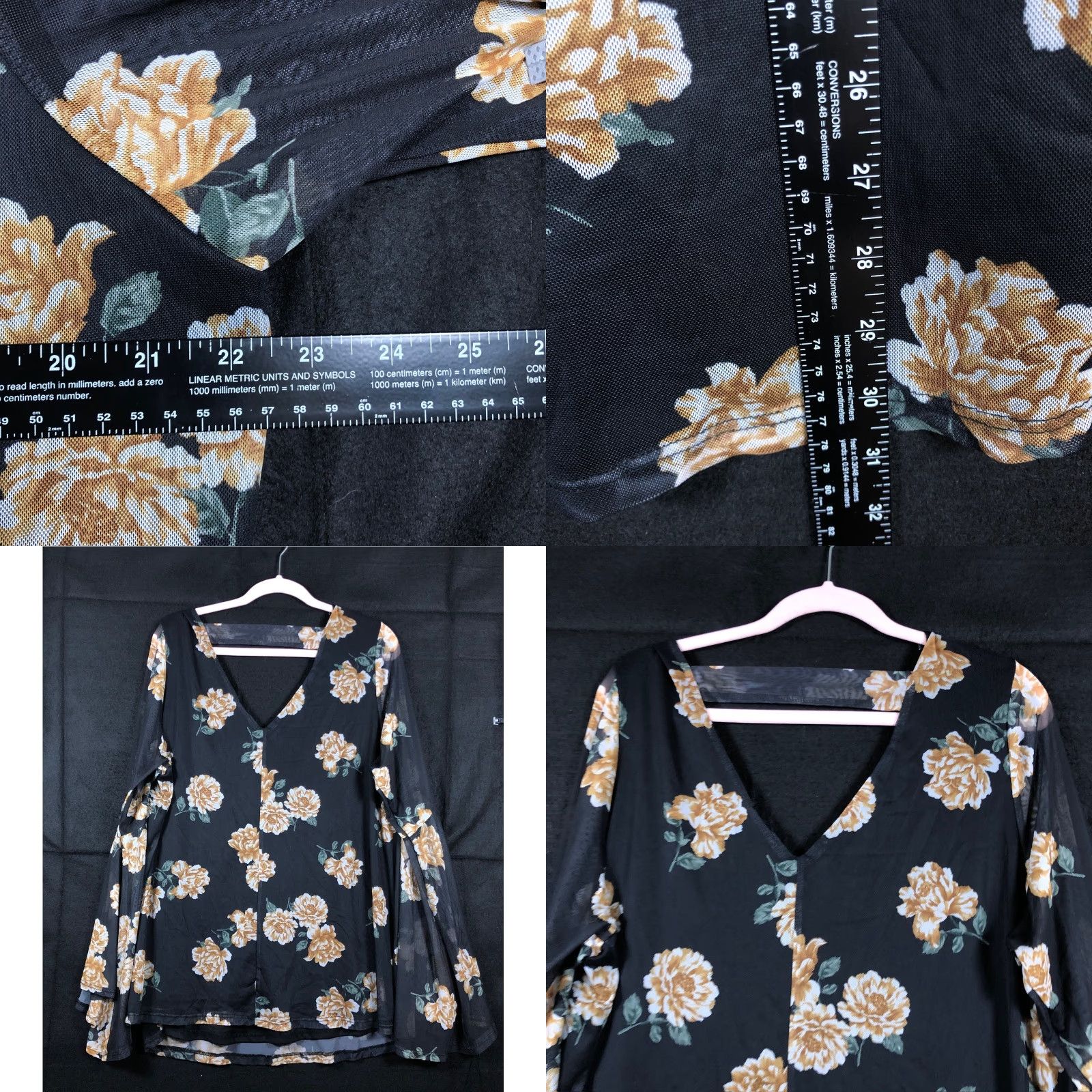 Torrid Torrid Blouse Womens Black Yellow Floral V Neck Sheer Long Sleeve Stretch 2X Year-Round Casual Workwear Ladies Size XXL / US 16-18 / IT 52-54 - 8 Thumbnail