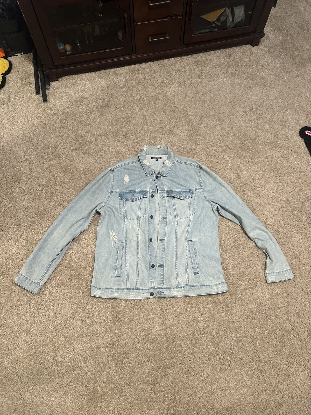 Elwood Elwood Men's XXL Distressed Denim Trucker Jean Jacket Blue Size US XXL / EU 58 / 5 - 1 Thumbnail