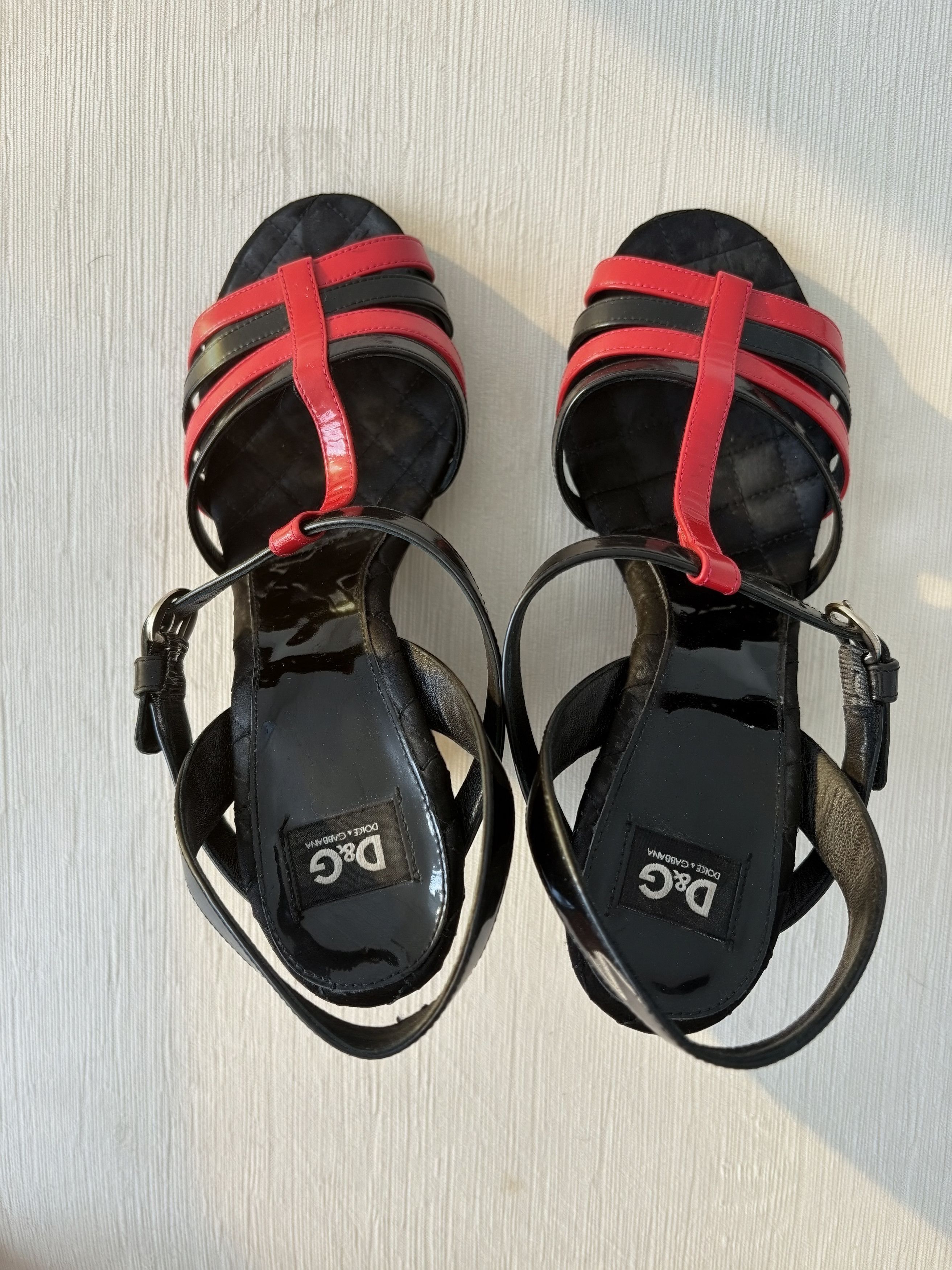 Dolce & Gabbana D&G Dolce & Gabbana Red Black Patent Leather Wedge Sandals Size US 7.5 / IT 37.5 - 4 Thumbnail