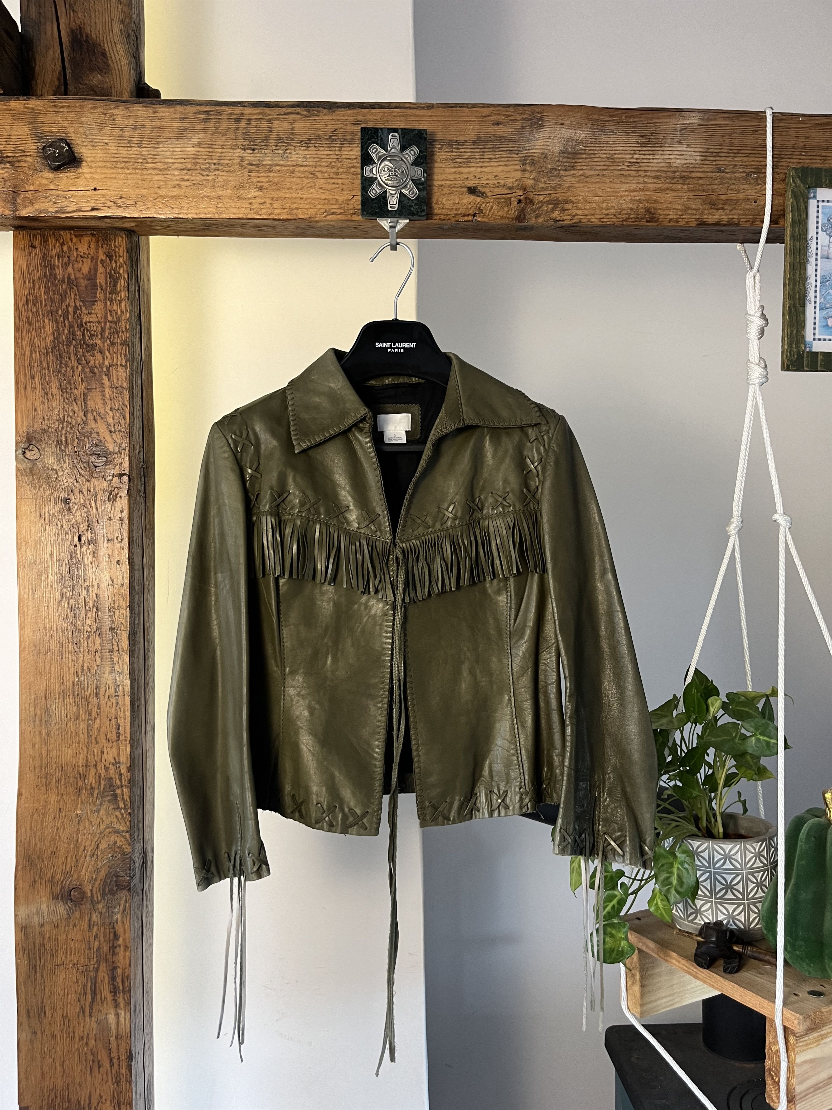Vintage Vintage Fringe Leather Jacket Green Native USA Size US S / EU 44-46 / 1 - 1 Thumbnail