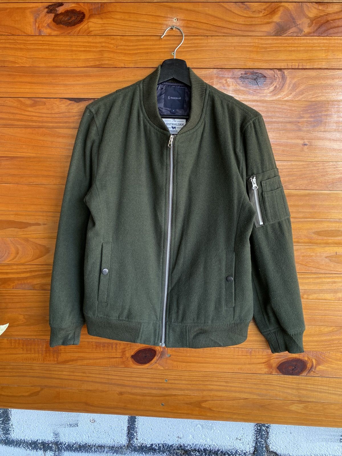 RAGEBLUE RAGEBLUE Olive Green Bomber Jacket Australian Merino Wool Size US S / EU 44-46 / 1 - 3 Thumbnail