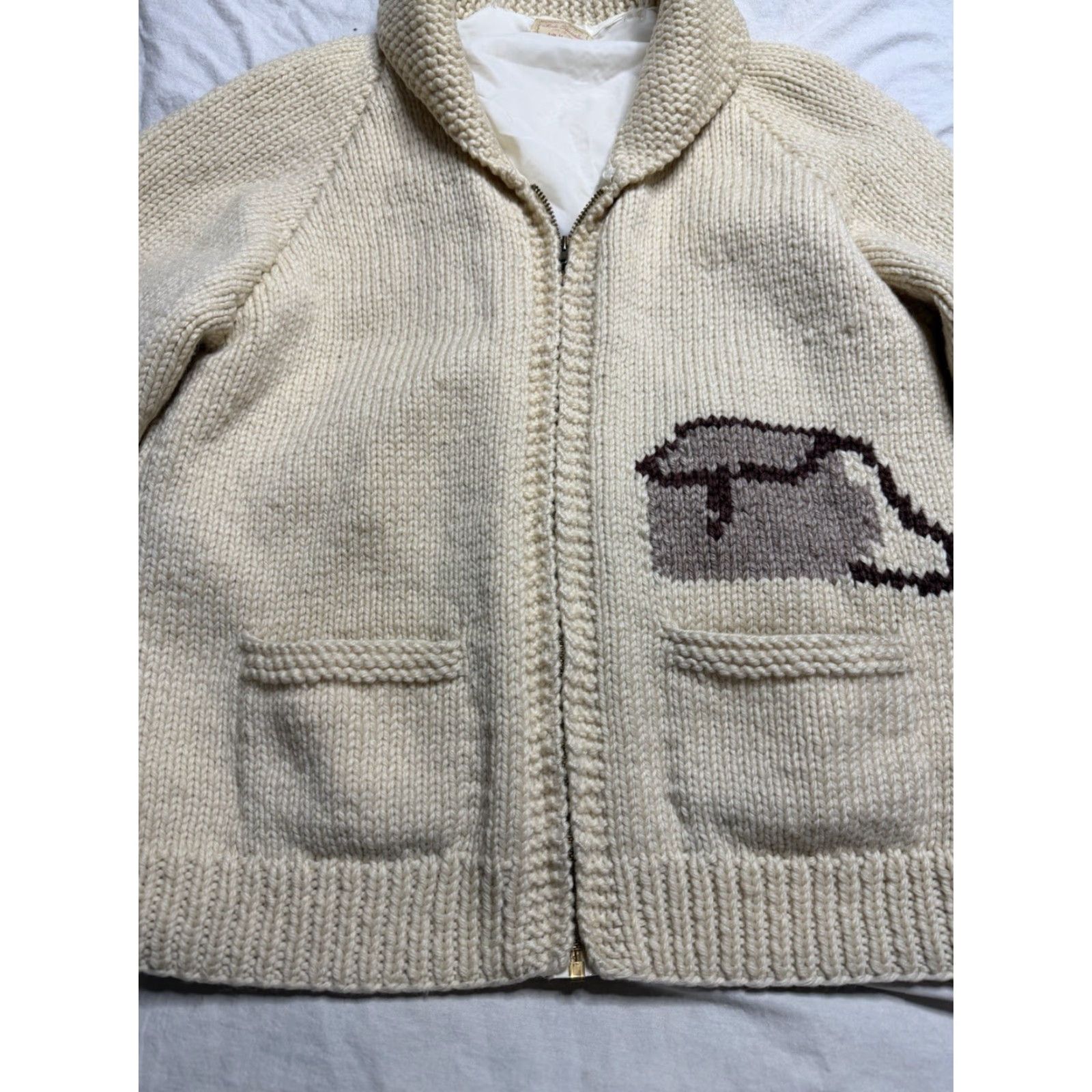 VINTAGE Cowichan Hand Knit Zip up Sweater Fishing Salmon Trout Basket M Beige 1950s Knit Rockabilly Mens