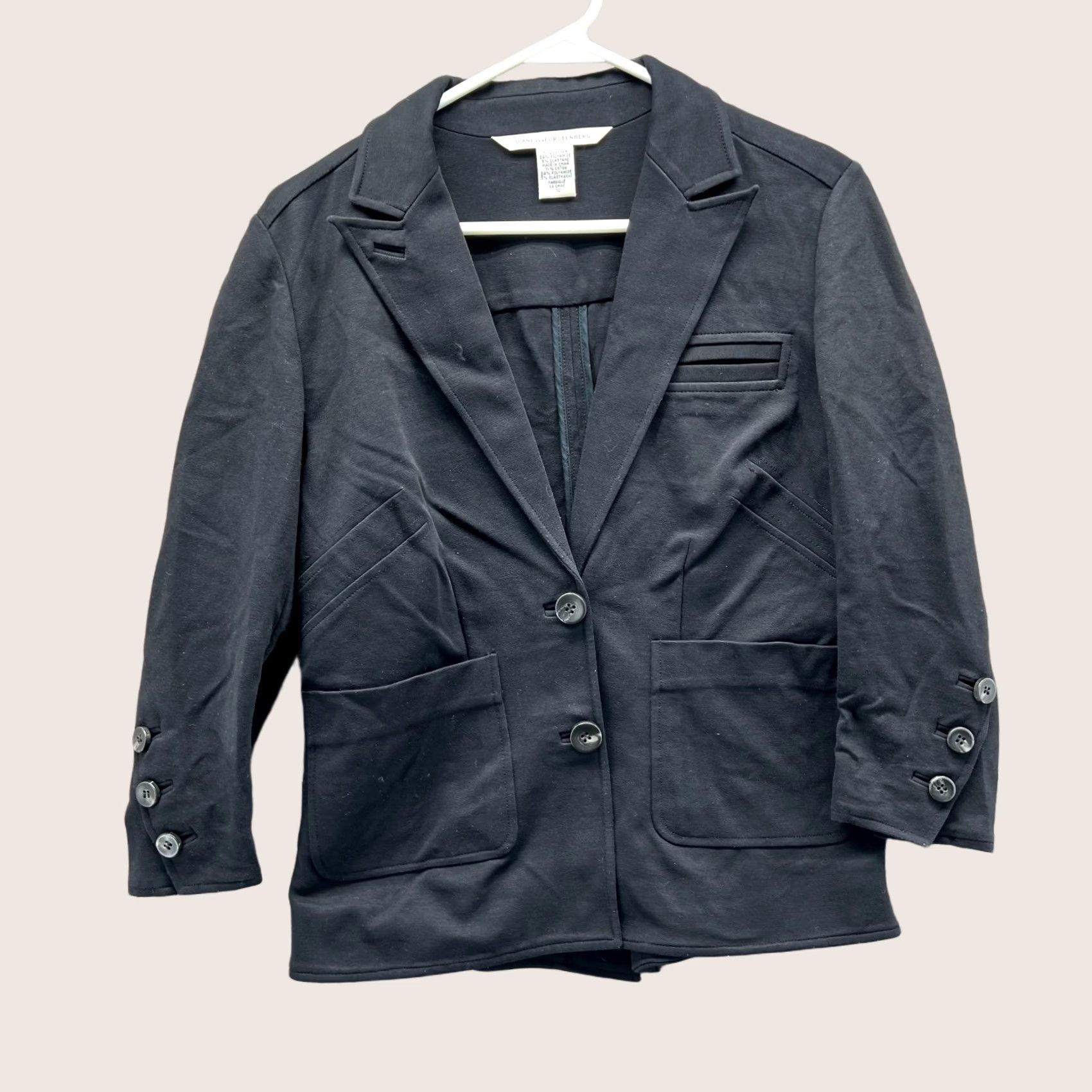 Diane von Furstenberg Diane von Furstenberg Blazer Womens 10 Black Cotton Blend 2-Button Pockets Jacket Regular Notch Long Sleeve Solid Dressy Size L / US 10 / IT 46 - 1 Thumbnail